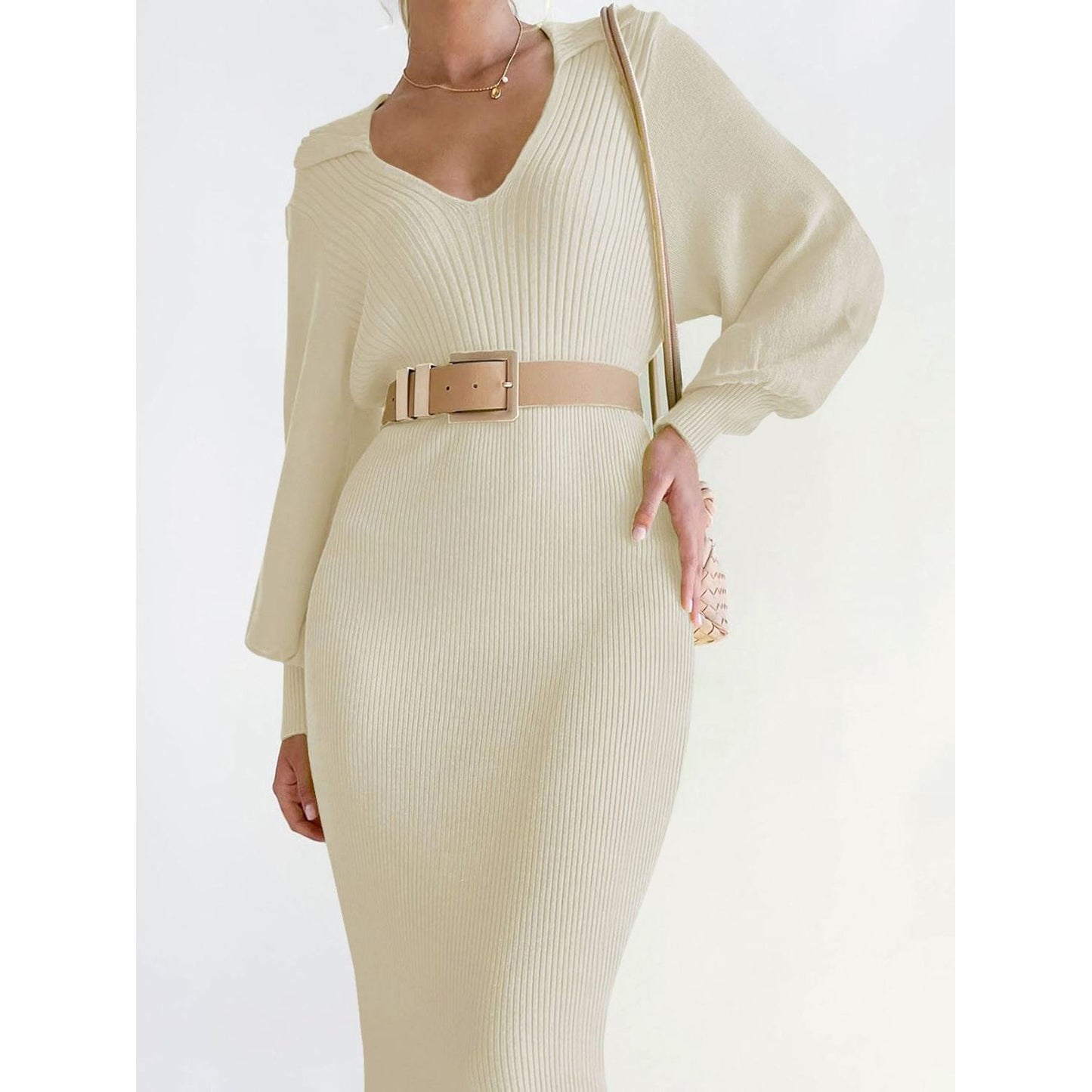 Perfee Tied Long Sleeve Wrap Sweater Dress