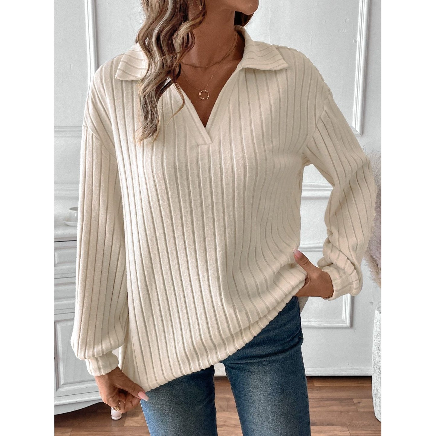 Ribbed Johnny Collar Long Sleeve T-Shirt