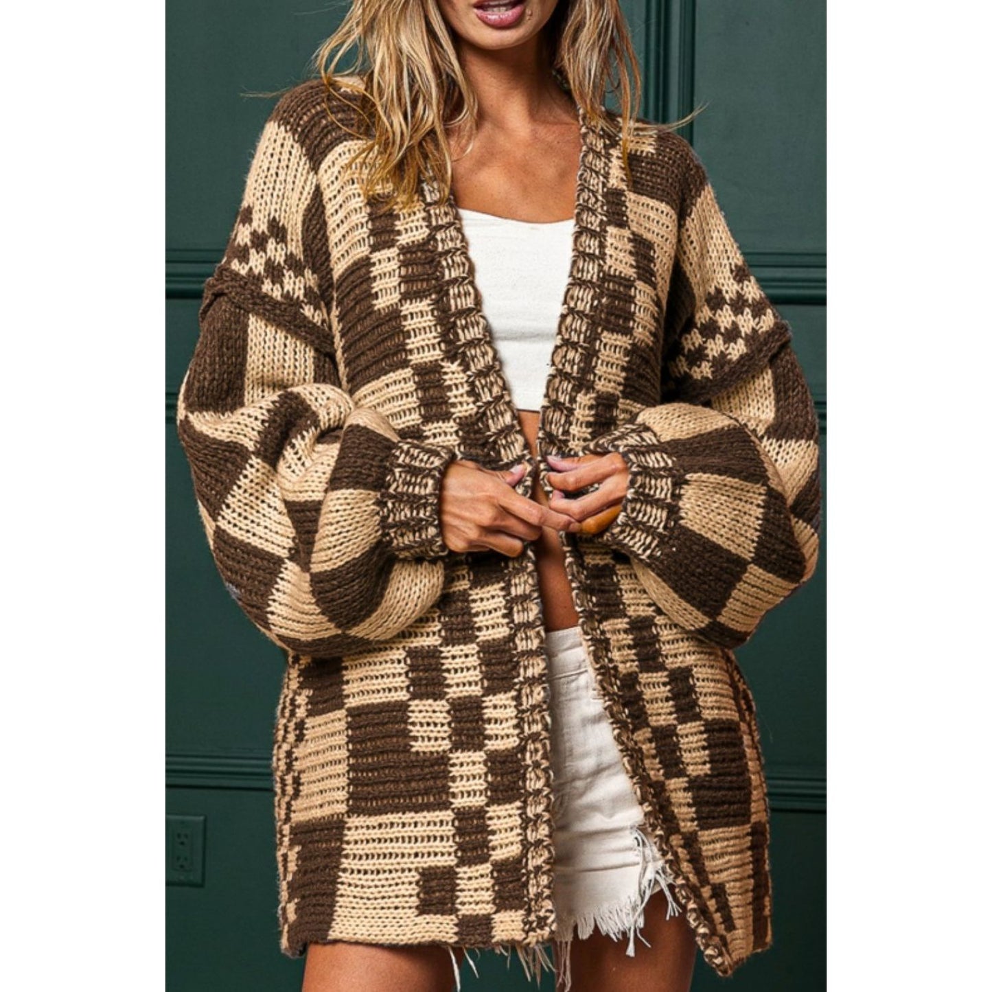 Checkered Open Front Long Sleeve Cardigan