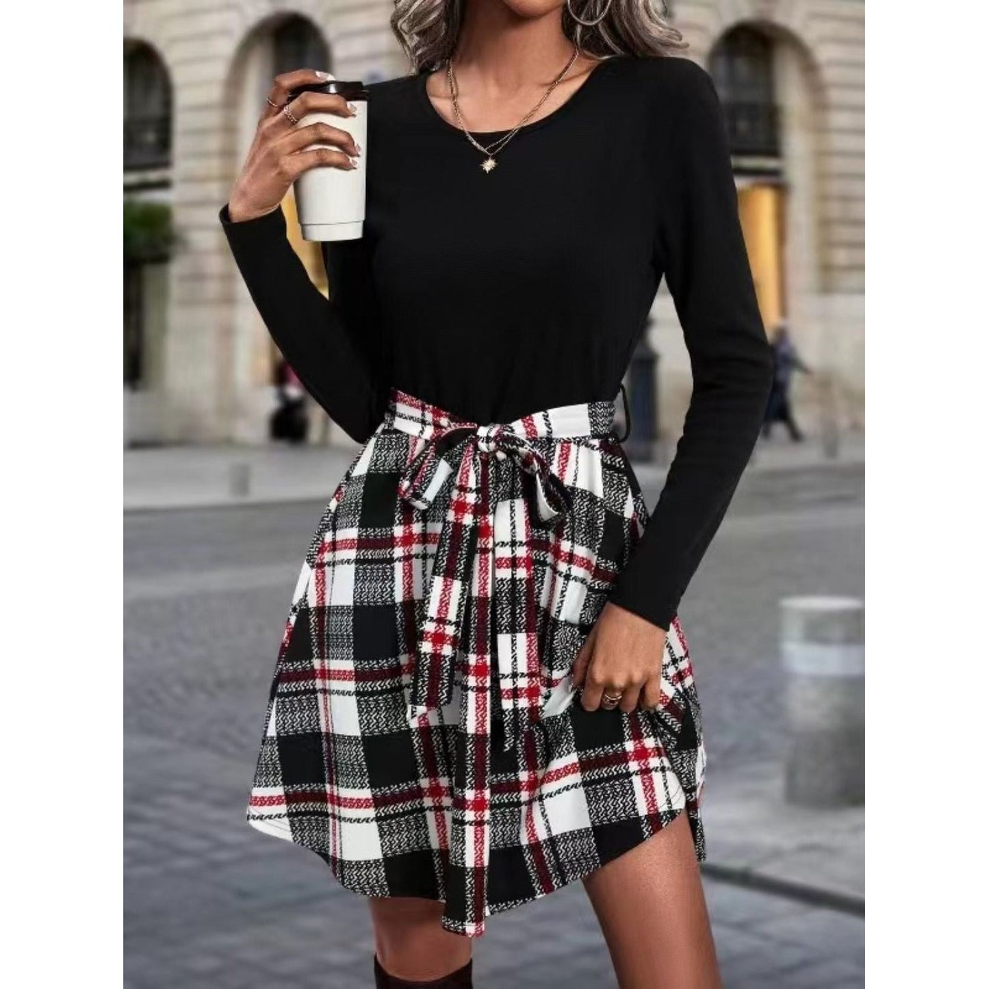 Tied Plaid Round Neck Long Sleeve Dress