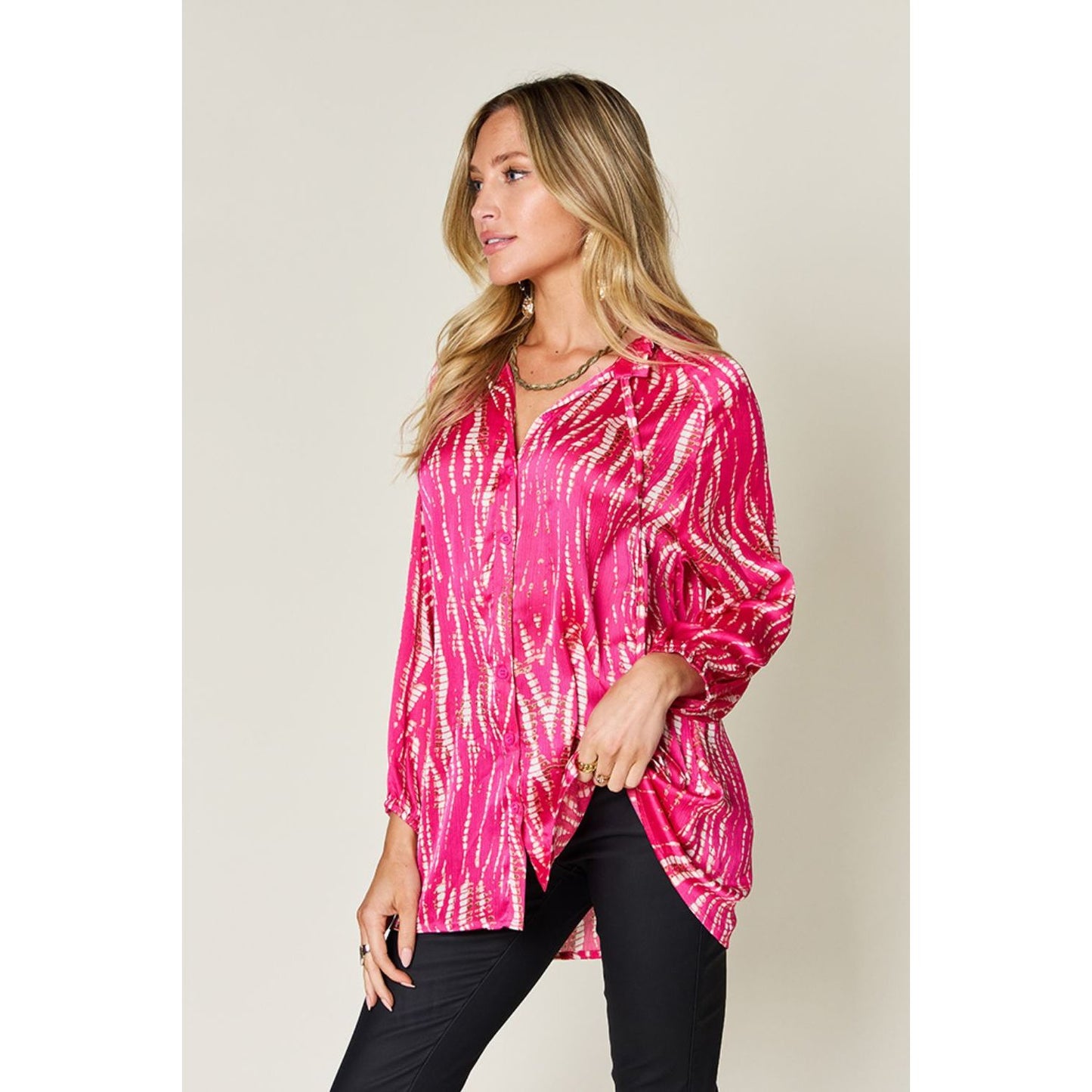 Double Take Full Size Printed Button Up Long Sleeve Shirt