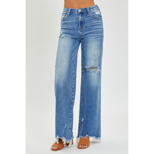 RISEN Full Size High Rise Frayed Hem Wide Leg Jeans