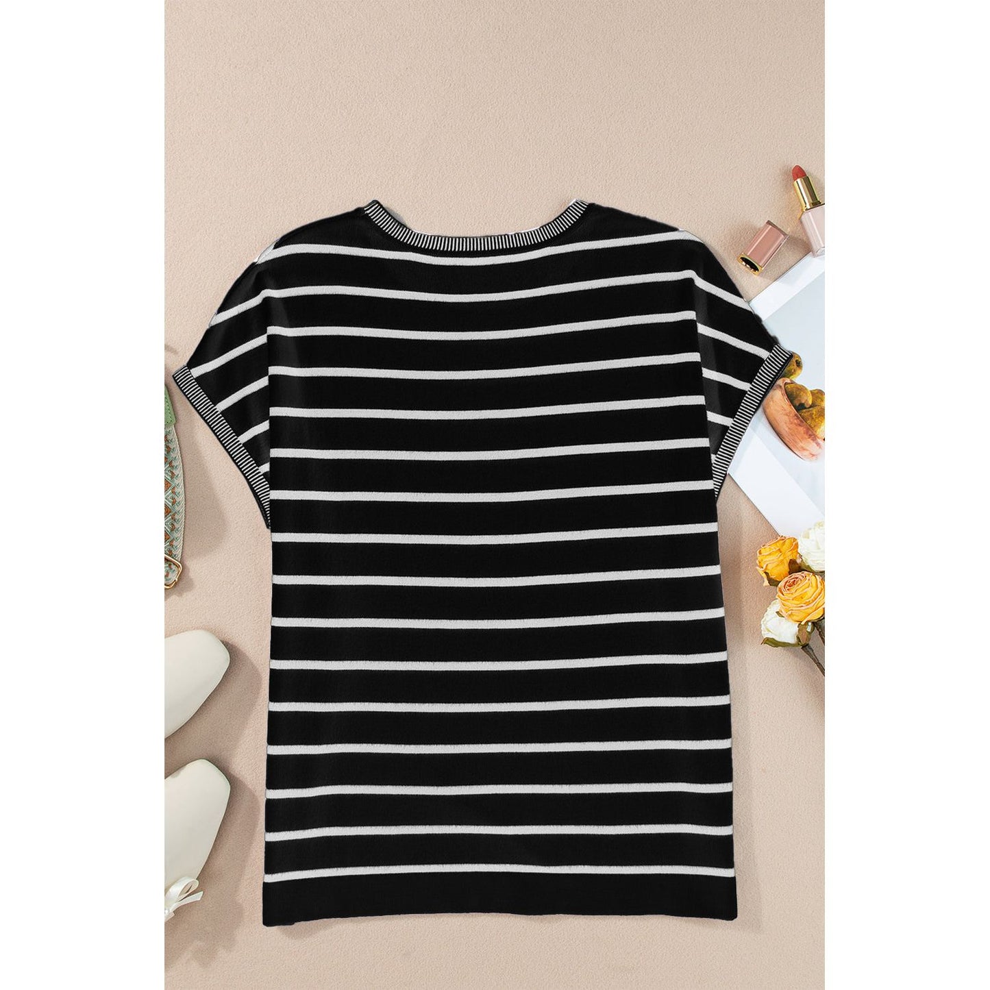 Striped Round Neck Cap Sleeve Knit Top