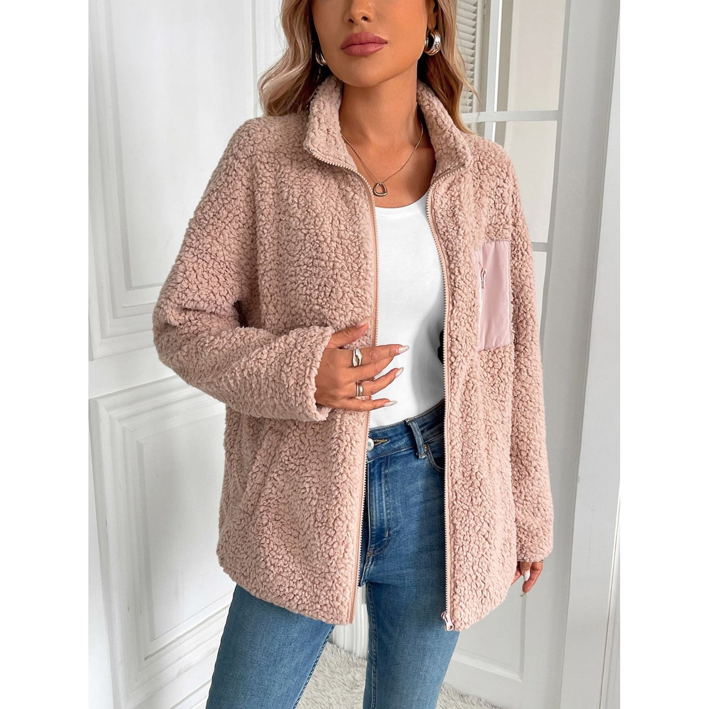 Ivy Lane Zip Up Long Sleeve Fuzzy Jacket