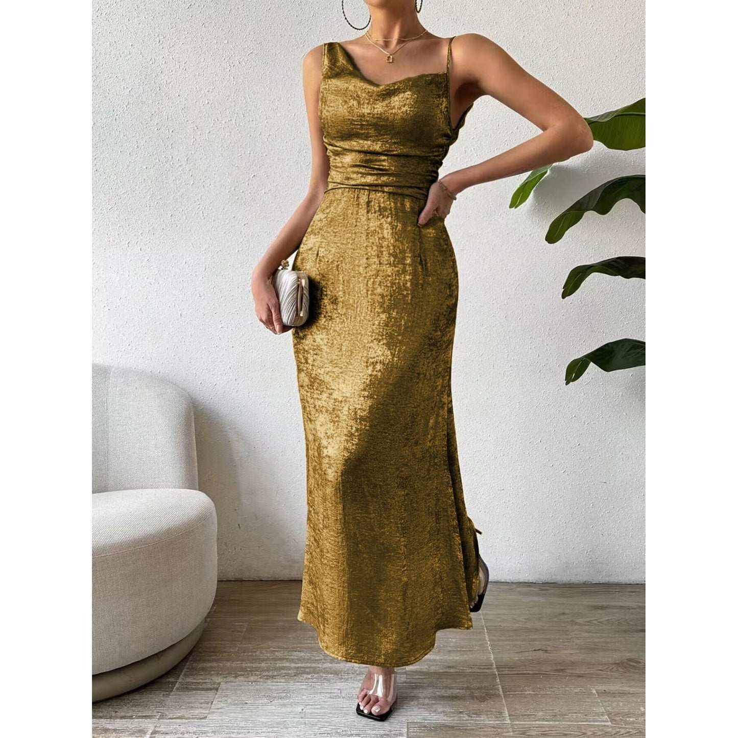 Honey Asymmetric Neck Sleeveless Midi Dress