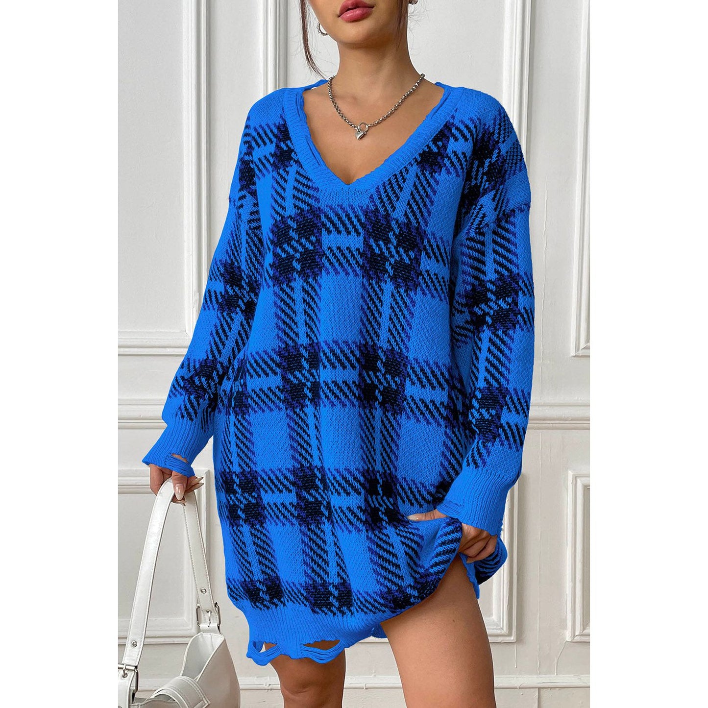 Plaid V-Neck Long Sleeve Sweater Dress