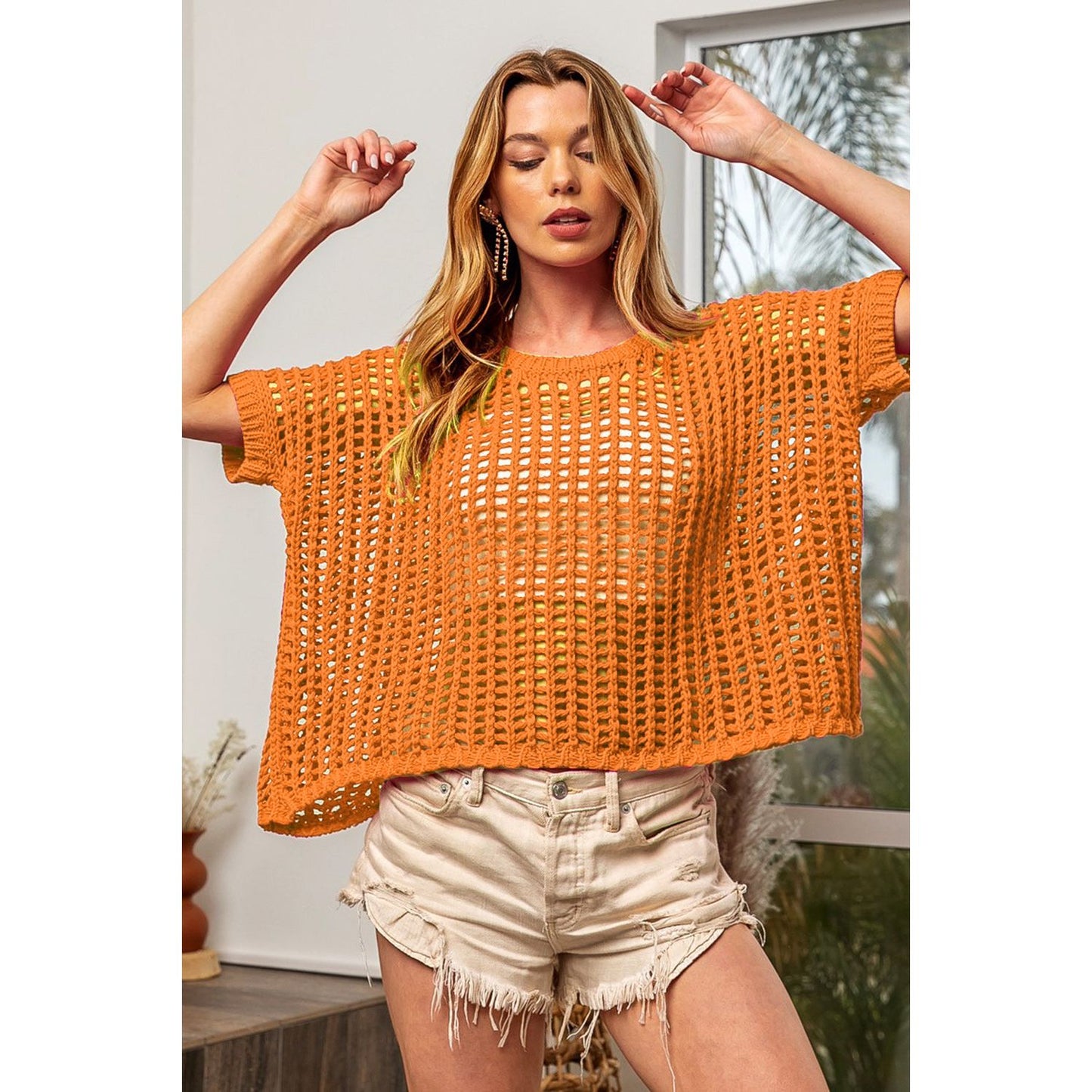 BiBi Hollowed Out Short Sleeve Knit Cover Up