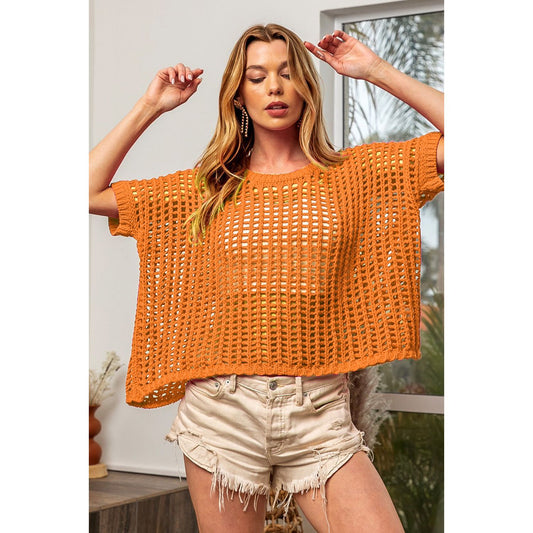 BiBi Hollowed Out Short Sleeve Knit Cover Up