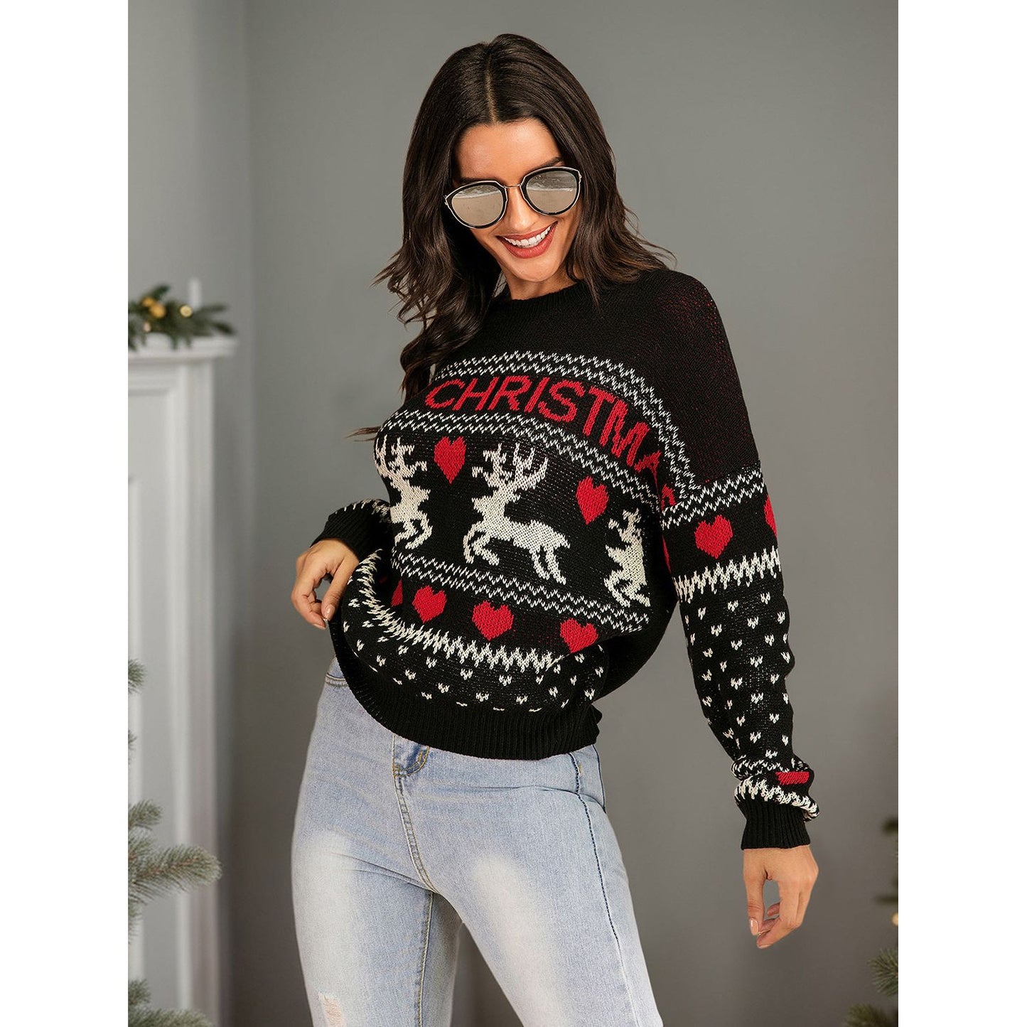 Perfee Christmas Element Round Neck Sweater