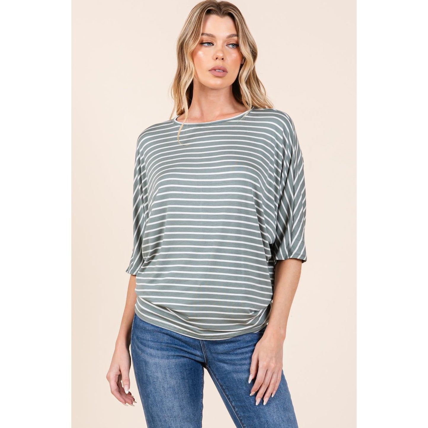 BOMBOM Striped Boat Neck Dolman Sleeve Top