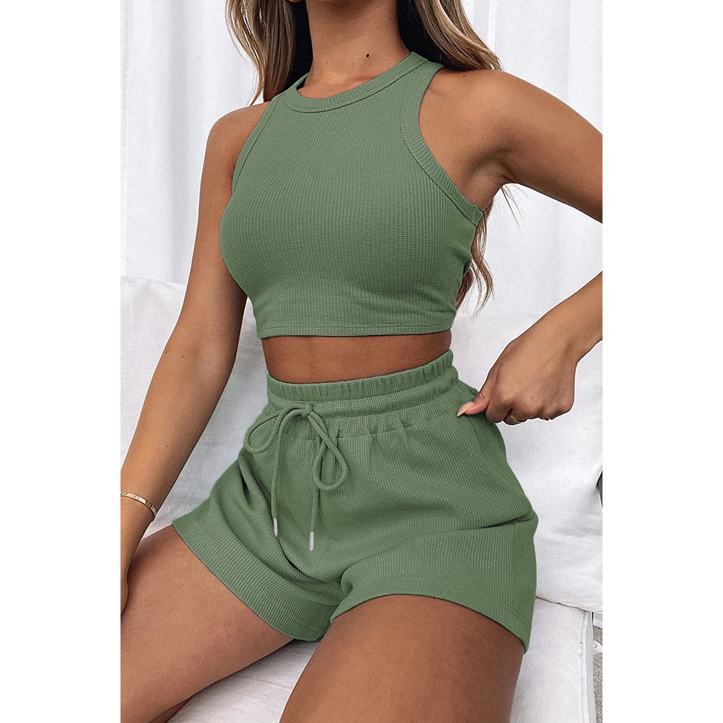 Round Neck Top and Drawstring Shorts Set