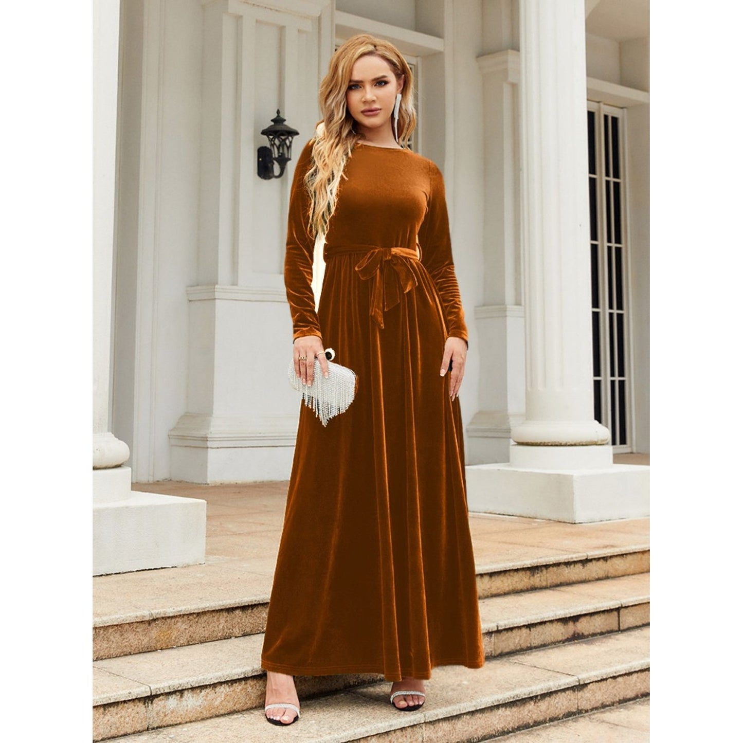 Tie Front Round Neck Long Sleeve Maxi Dress