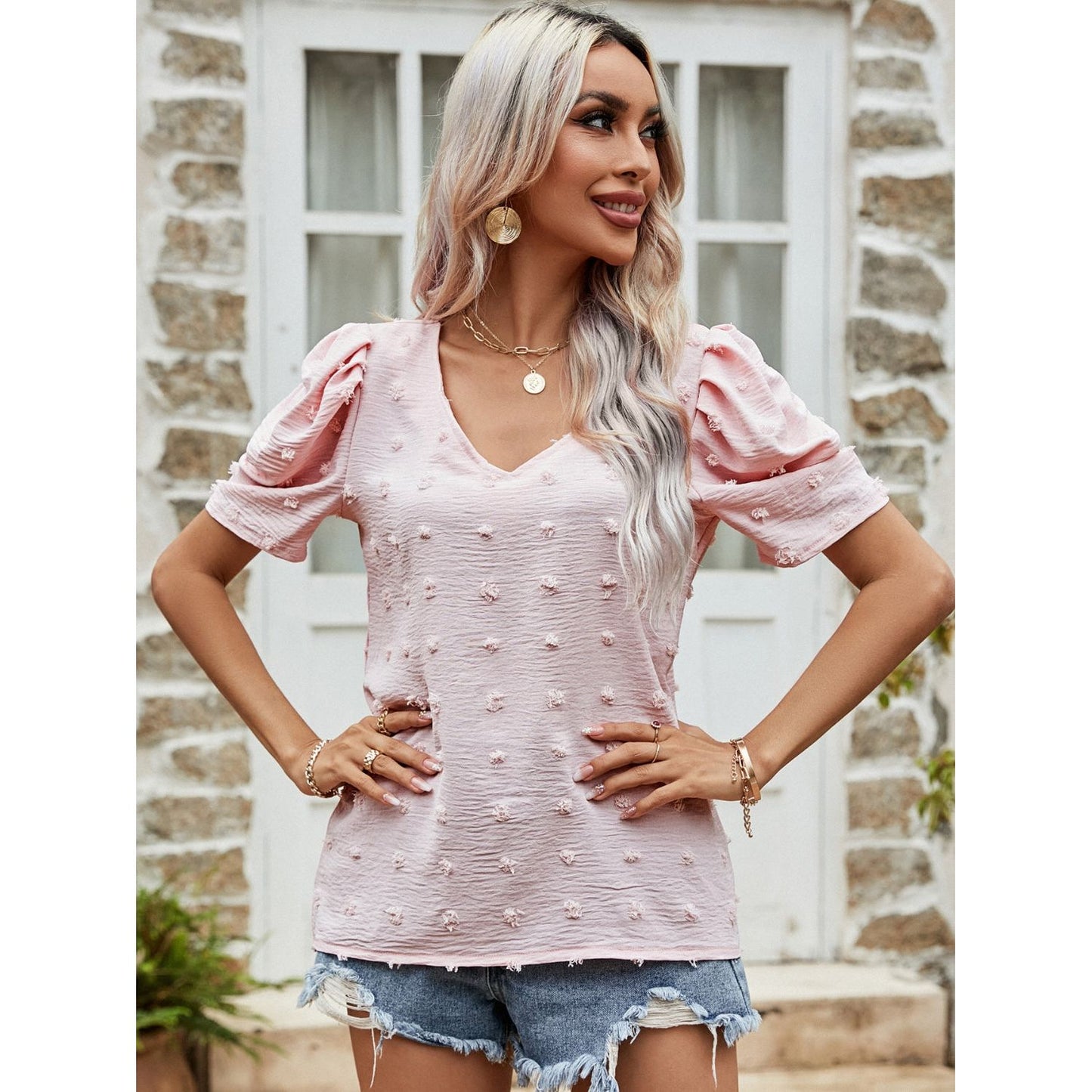 Swiss Dot Short Puff Sleeve Top