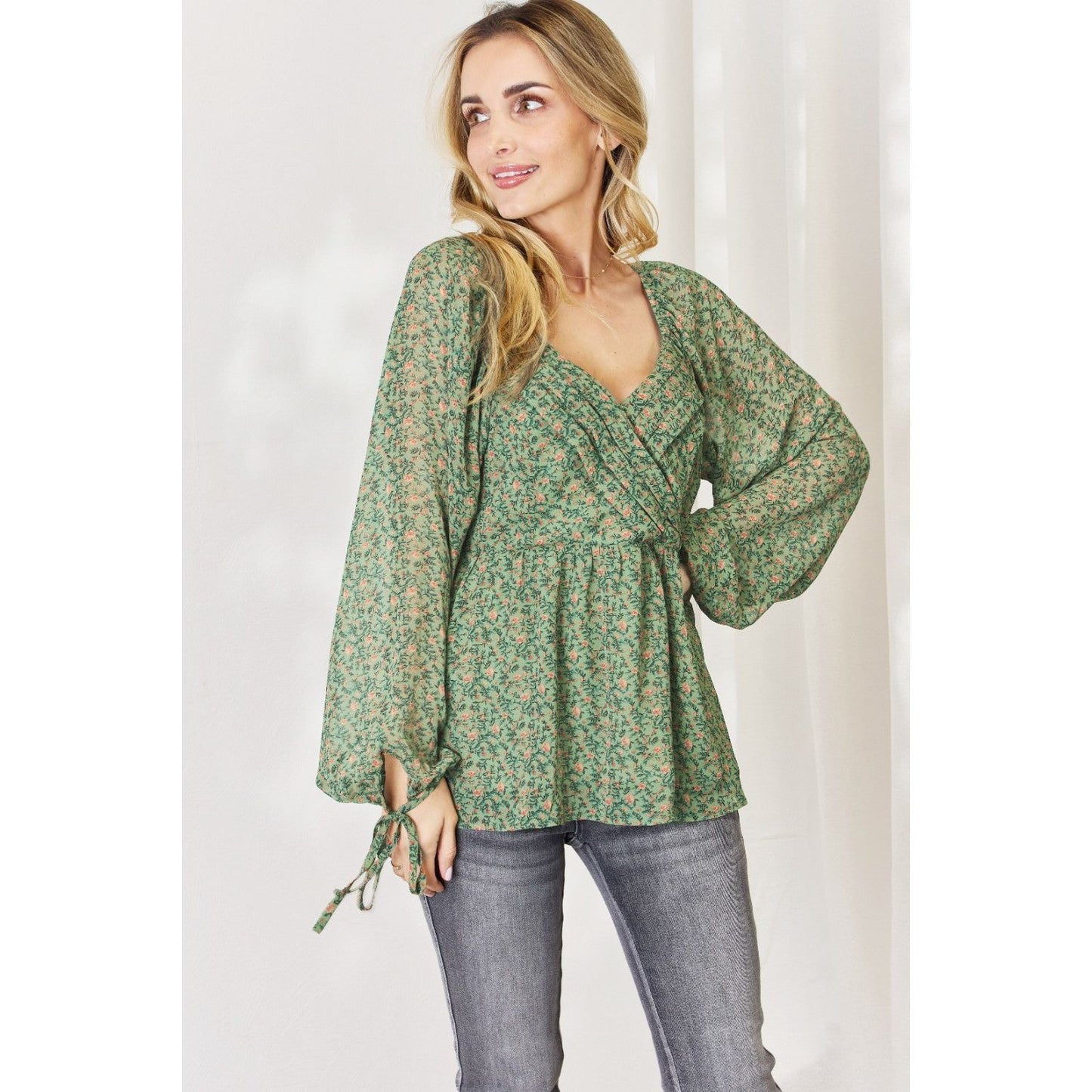 HEYSON Full Size Floral Surplice Peplum Blouse