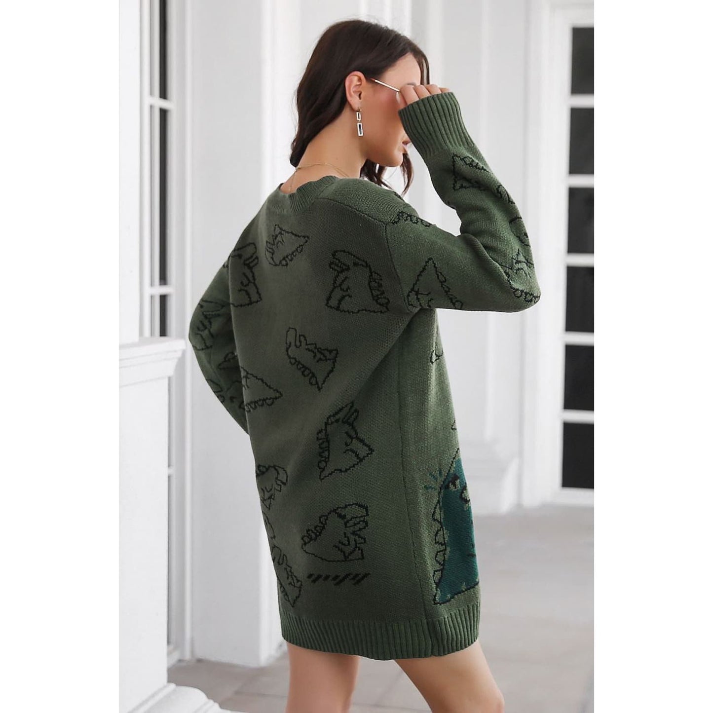 Dinosaur Pattern V-Neck Sweater Dress