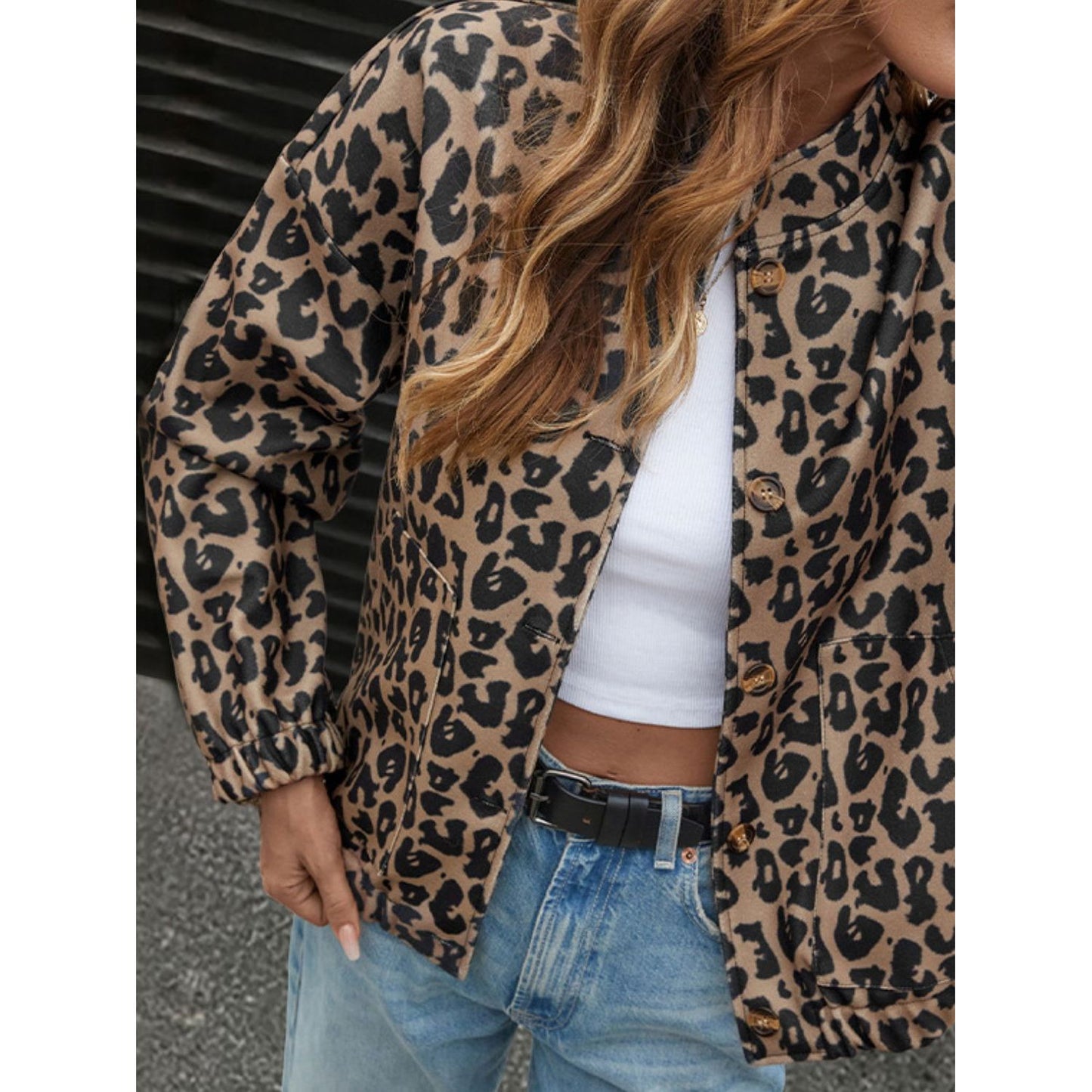 Perfee Leopard Button Up Long Sleeve Jacket