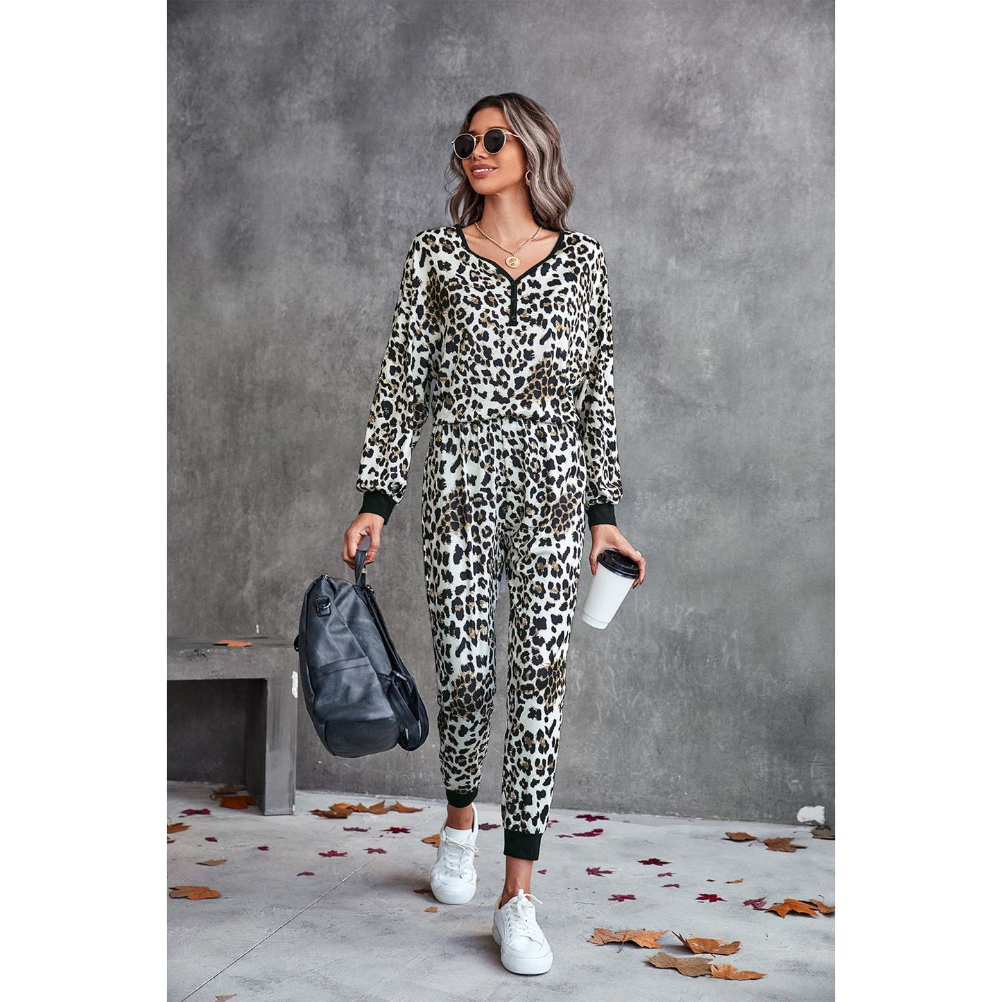 Leopard V-Neck Dropped Shoulder Loungewear Set