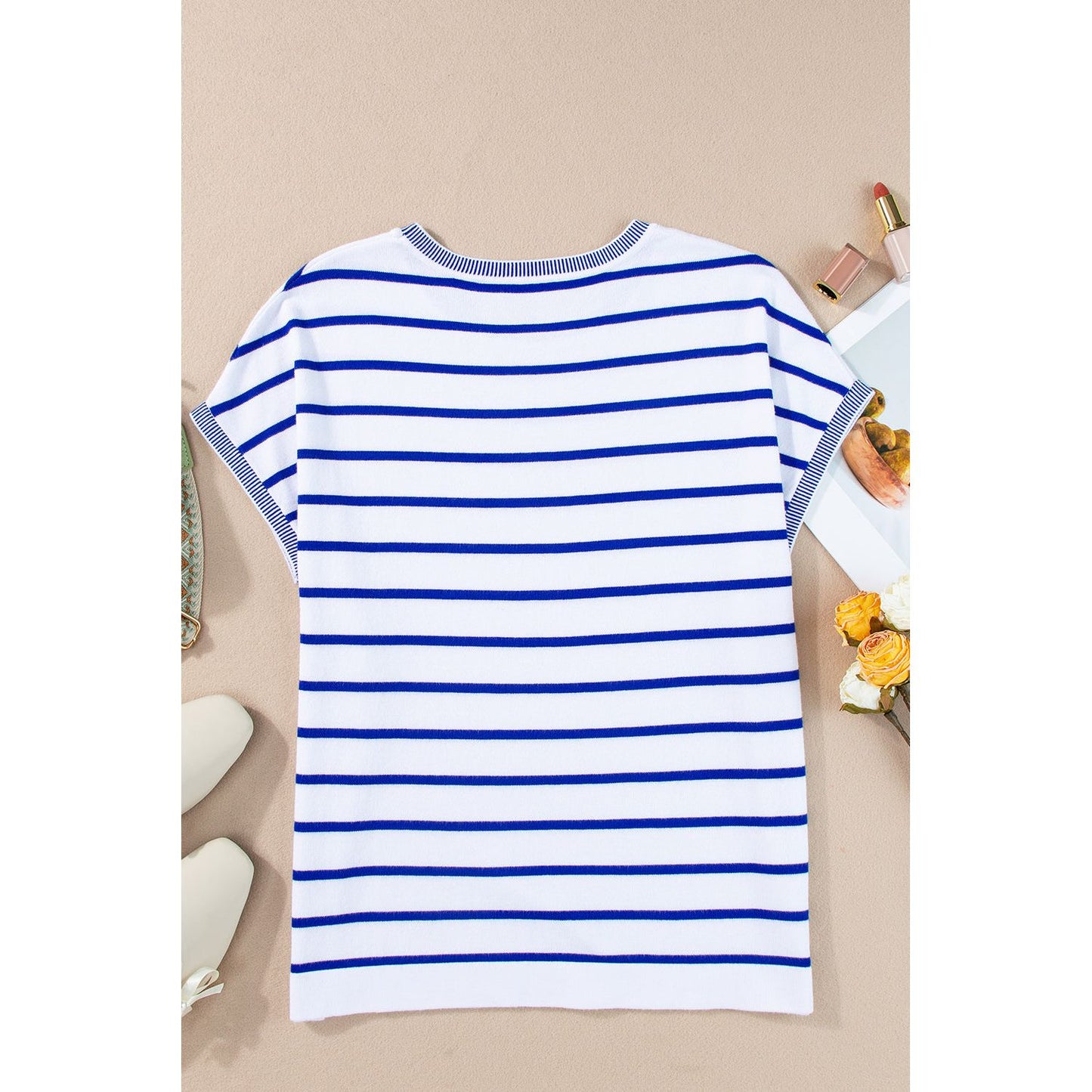 Striped Round Neck Cap Sleeve Knit Top