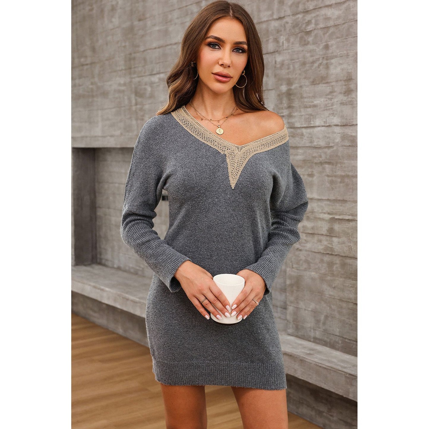 V-Neck Long Sleeve Mini Sweater Dress