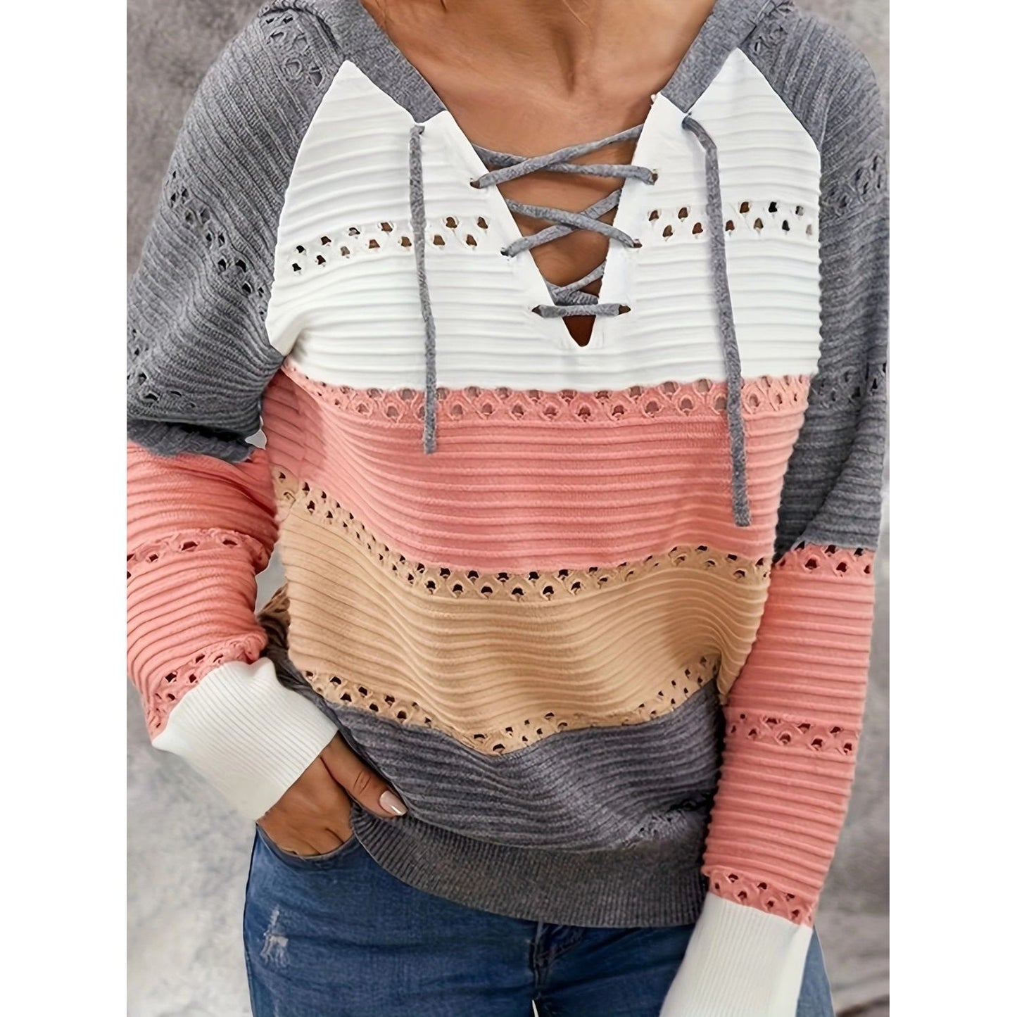 Lace-Up Contrast Long Sleeve Hooded Sweater