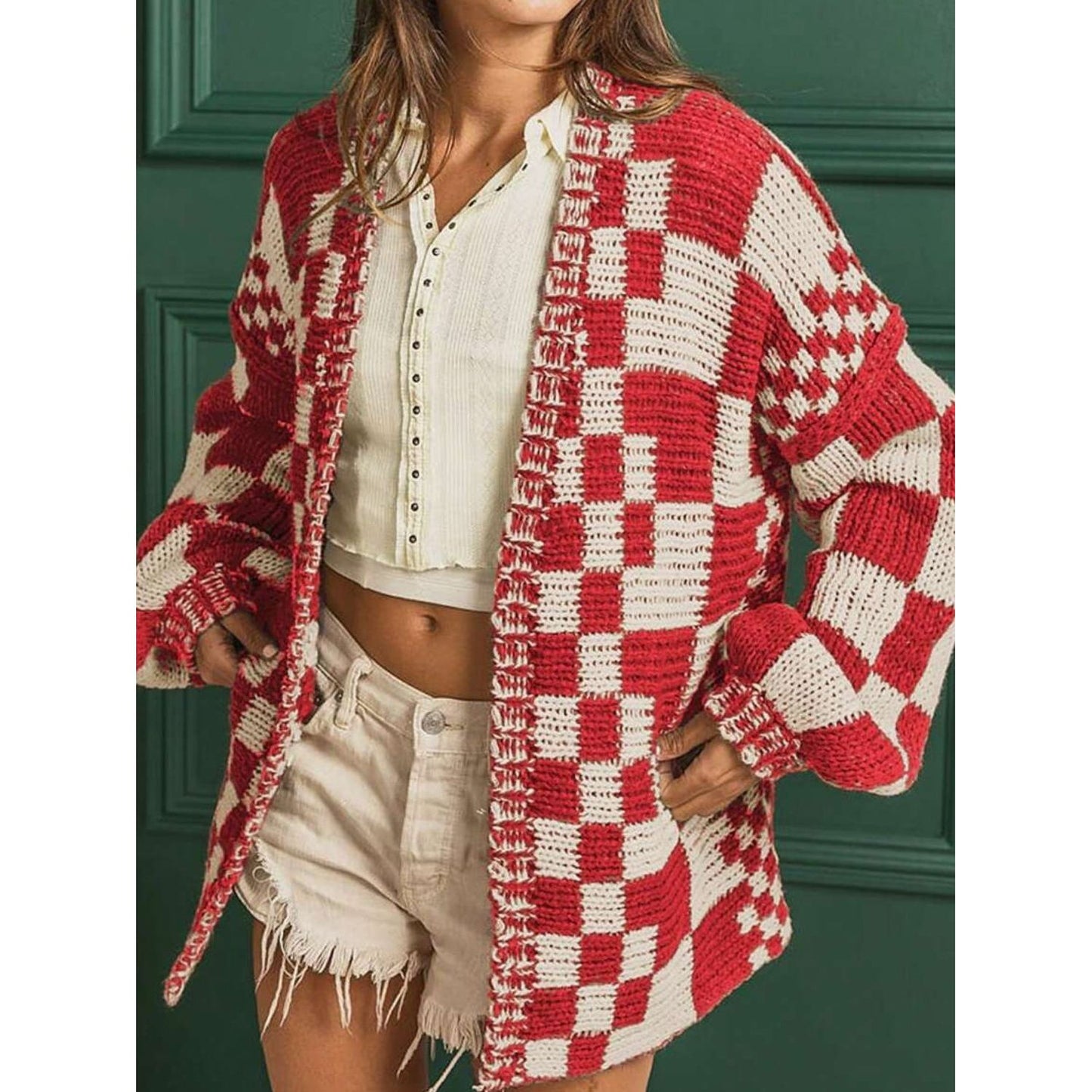 Checkered Open Front Long Sleeve Cardigan