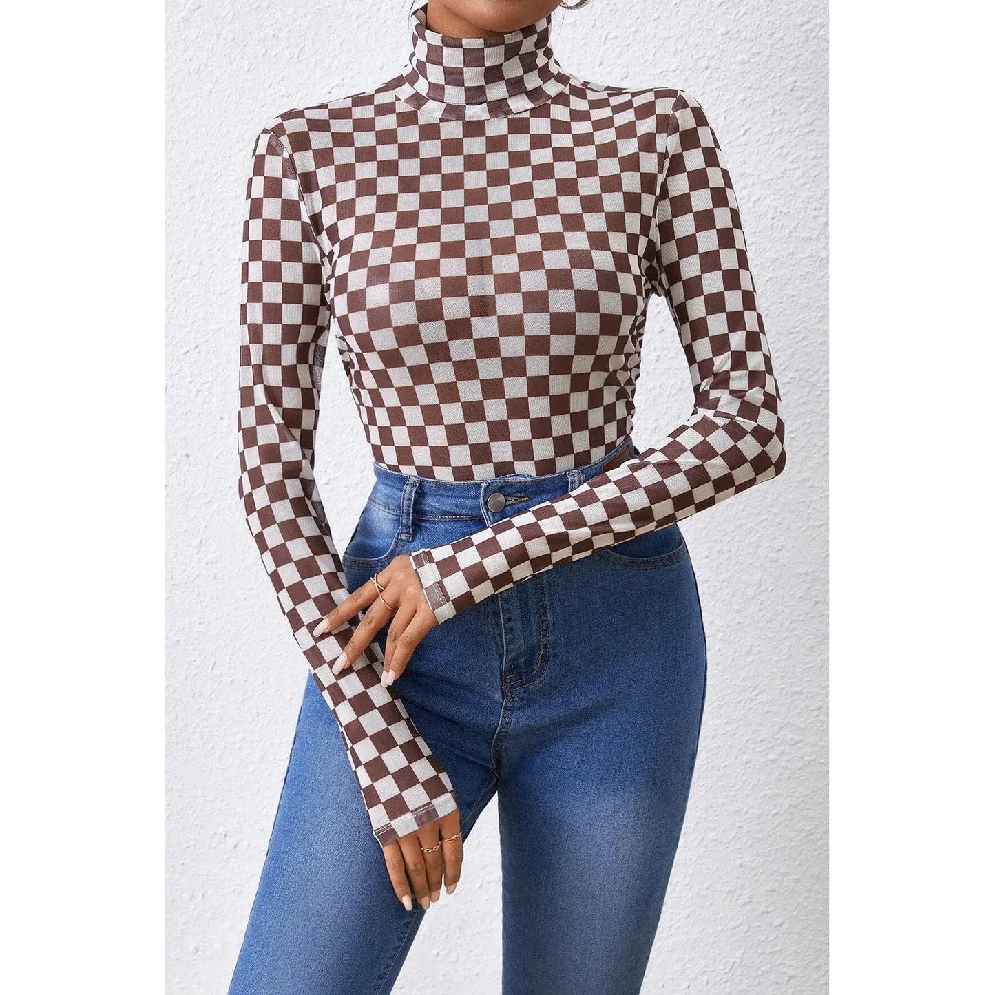 Checkered Turtleneck Long Sleeve Bodysuit