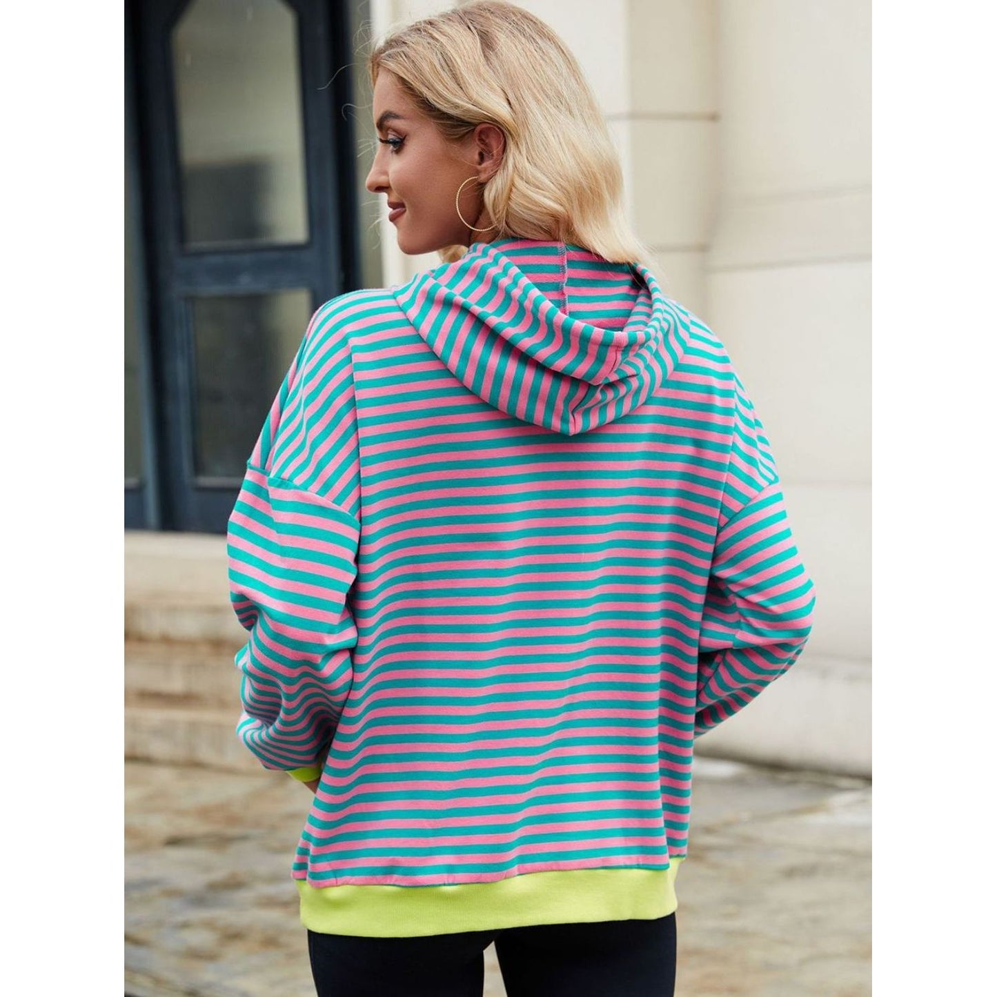 Drawstring Contrast Striped Long Sleeve Hoodie