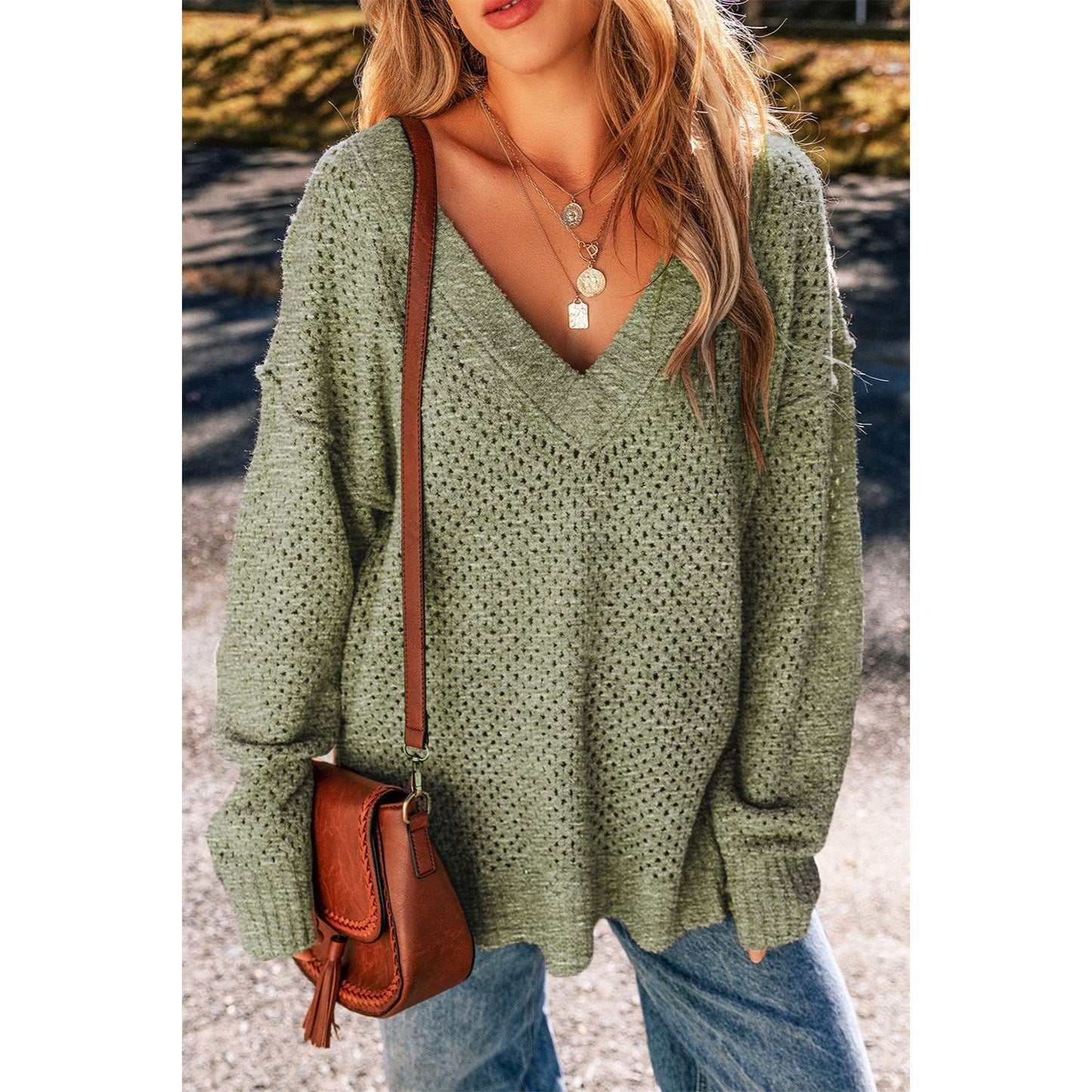 Openwork V-Neck Dropped Shoulder Sweater