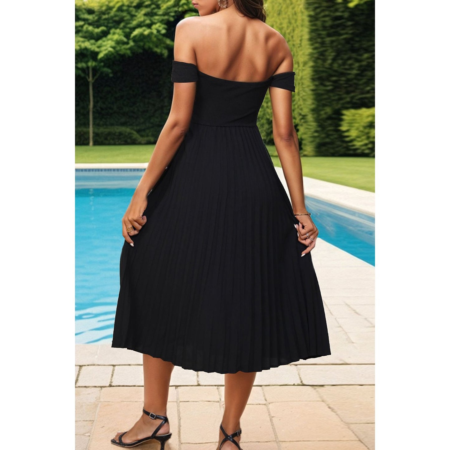 Perfee Pleated Off-Shoulder Midi Dress