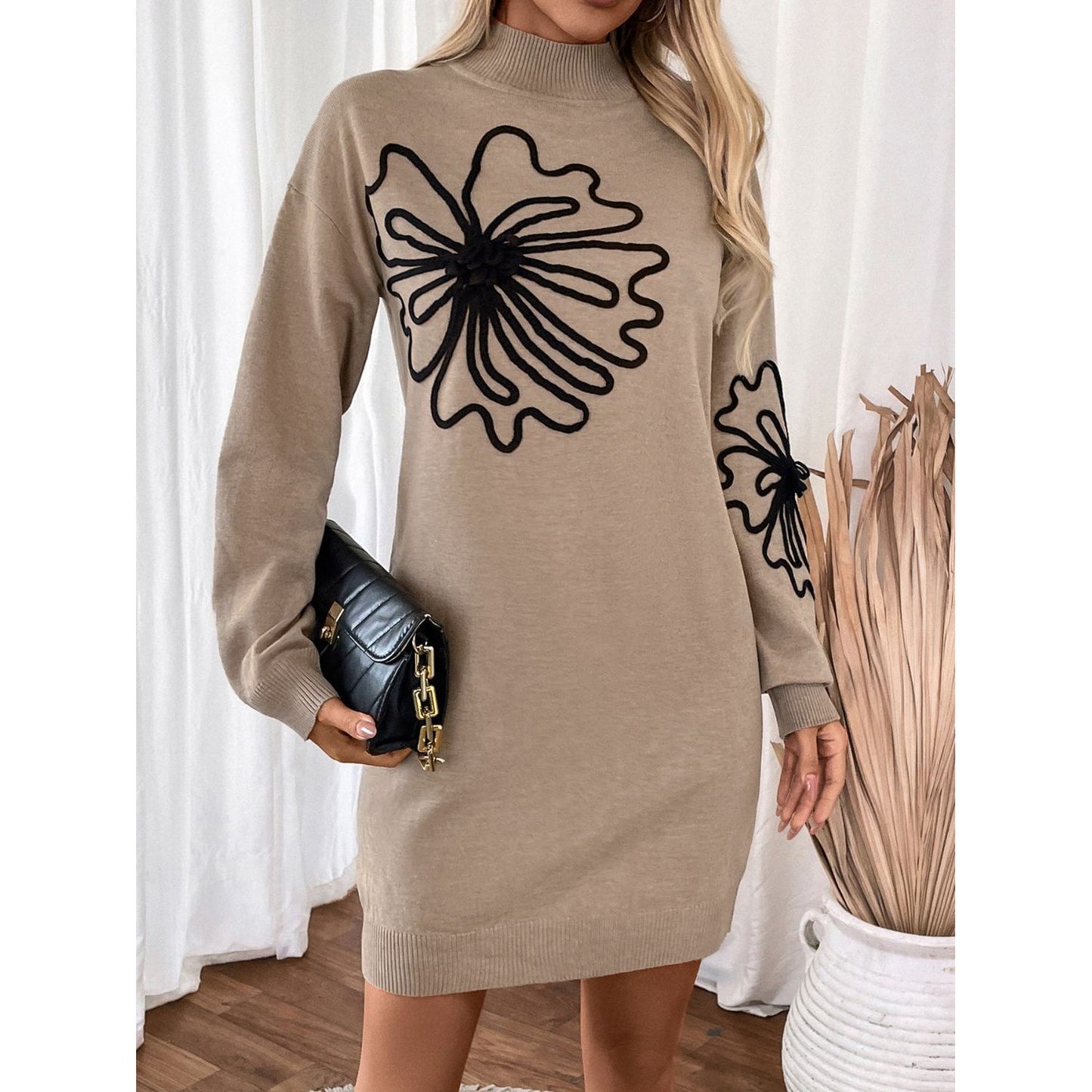 Perfee Flower Mock Neck Long Sleeve Sweater Dress