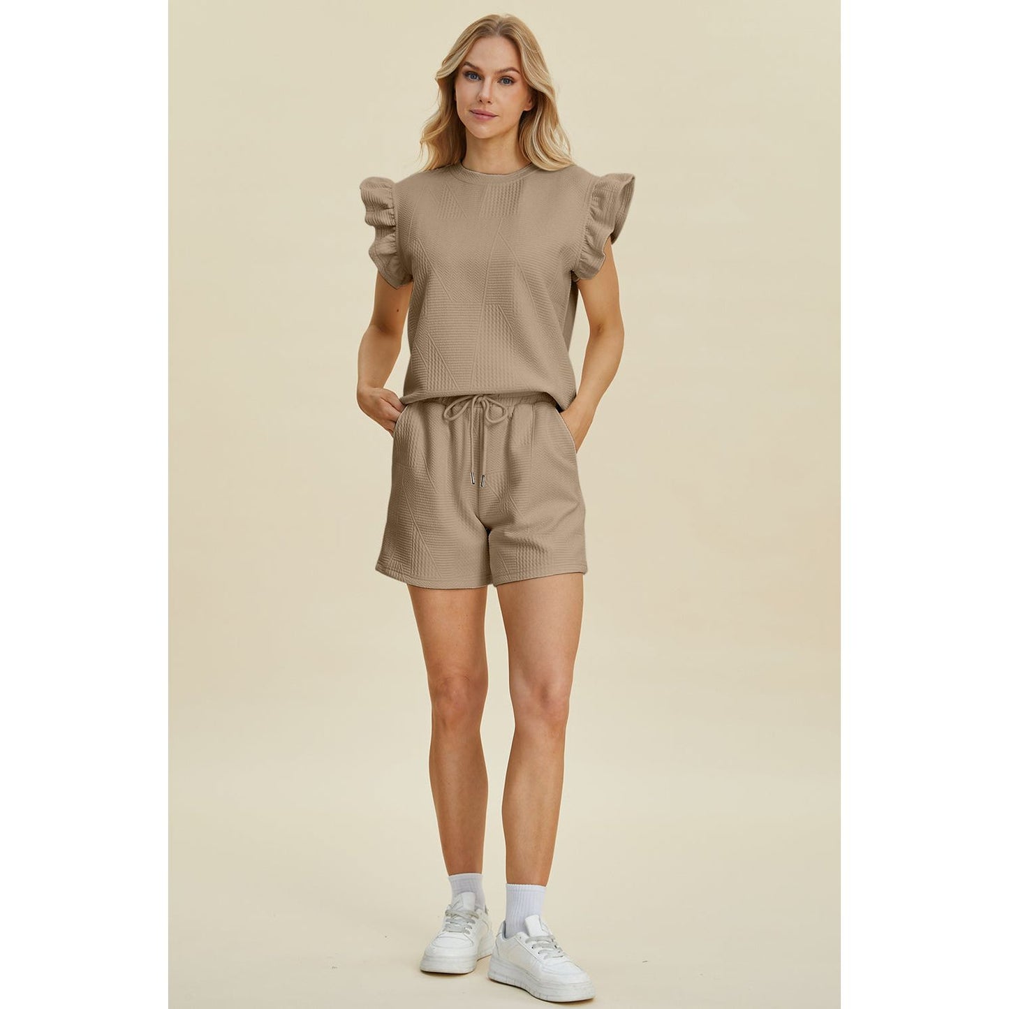 Double Take Full Size Texture Round Neck Ruffle Sleeve Top and Shorts Set