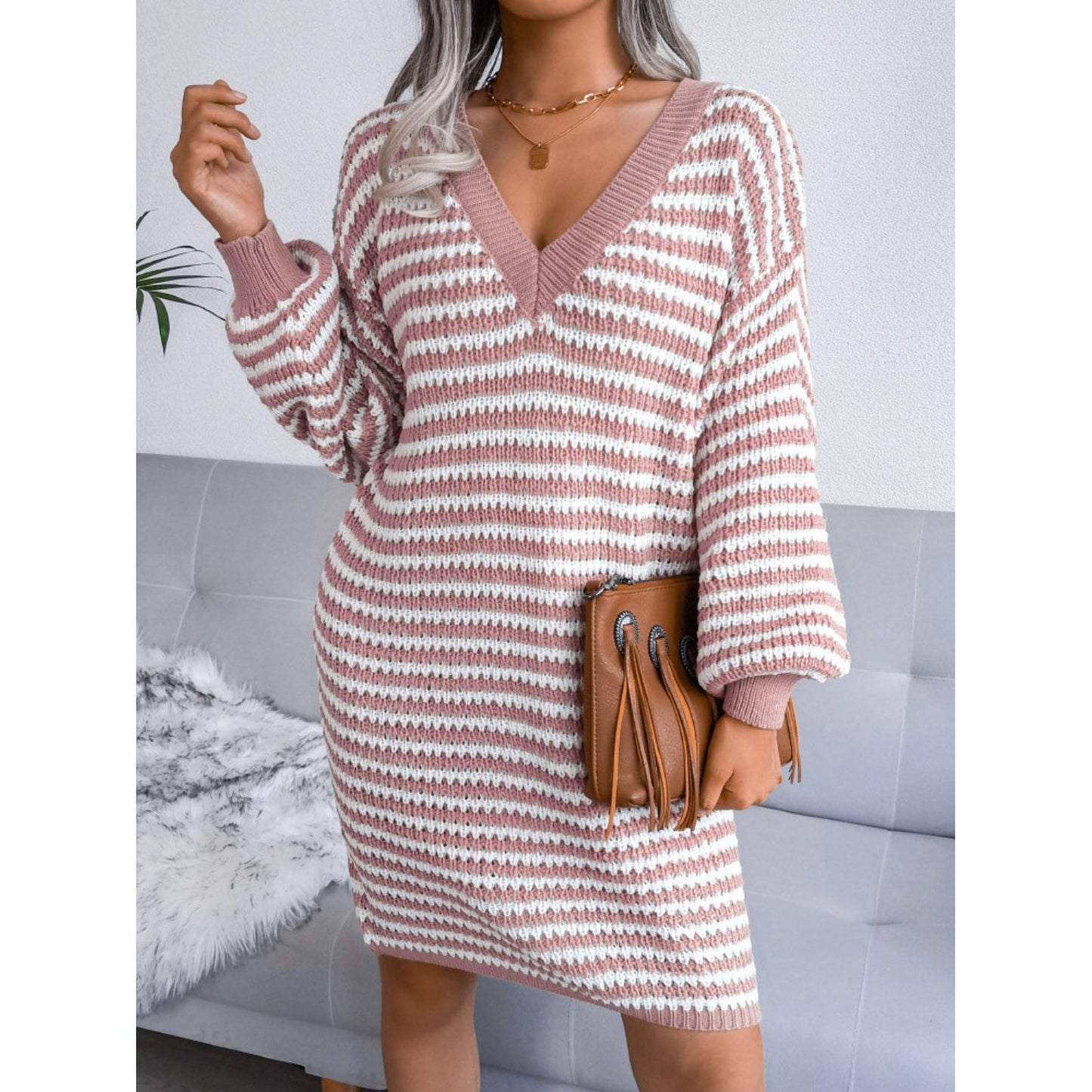 Striped V-Neck Long Sleeve Mini Sweater Dress