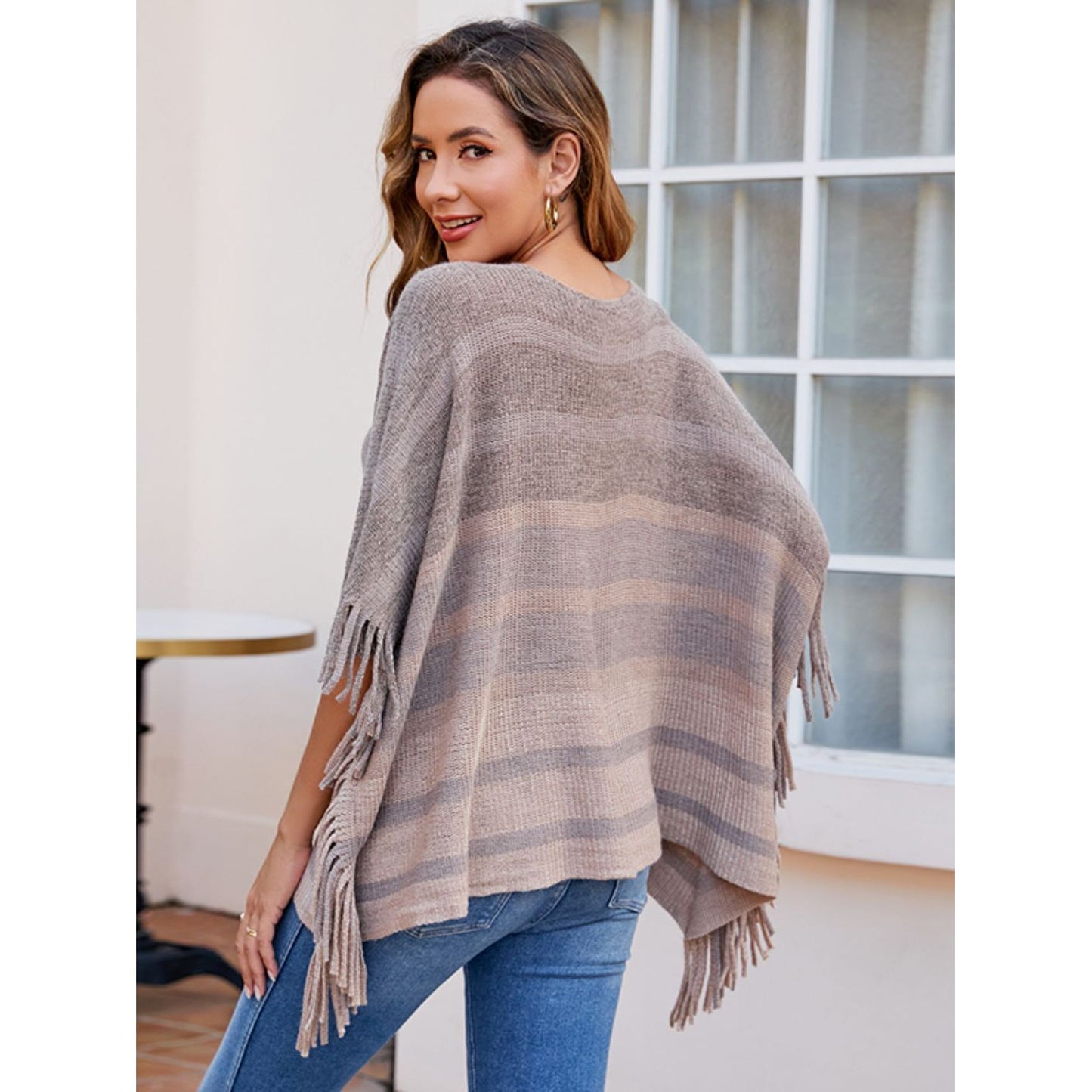 Striped Boat Neck Poncho with Fringes