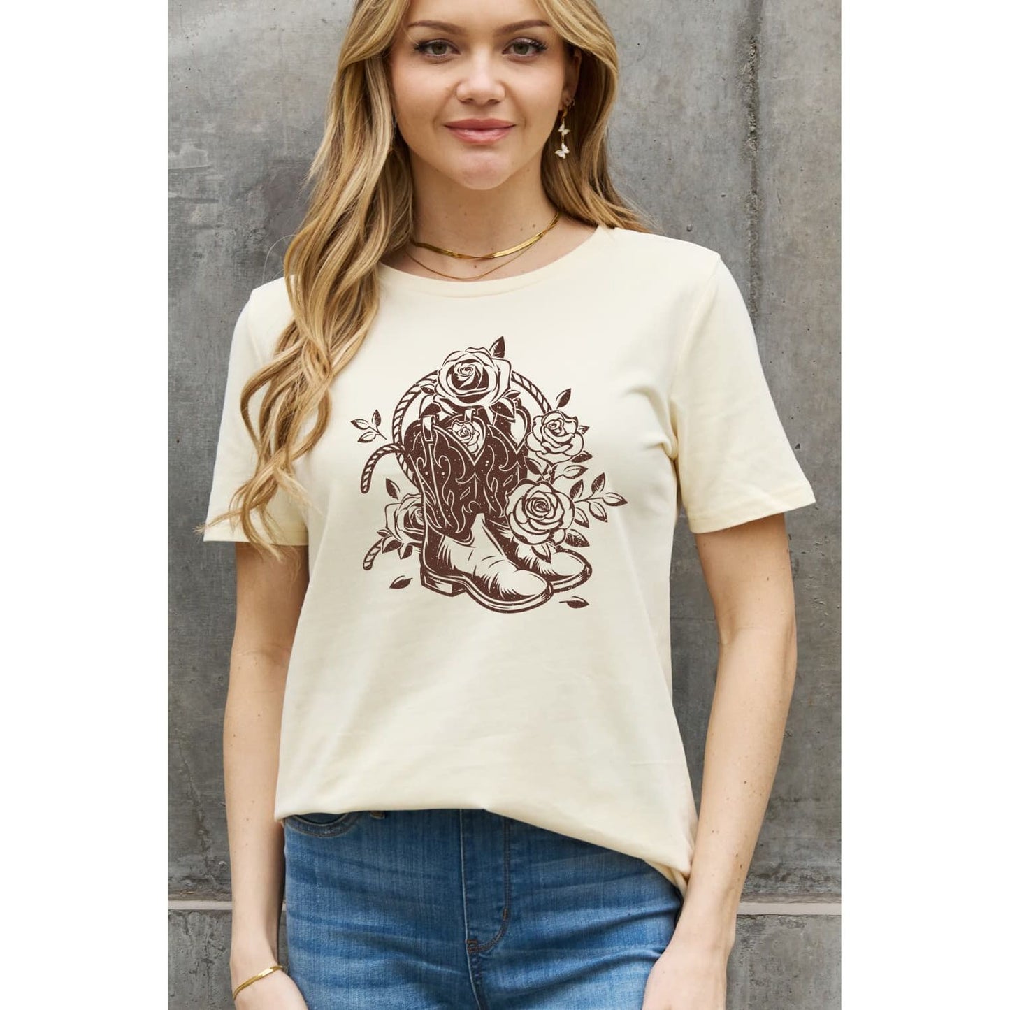 Simply Love Full Size Cowboy Boots Flower Graphic Cotton Tee