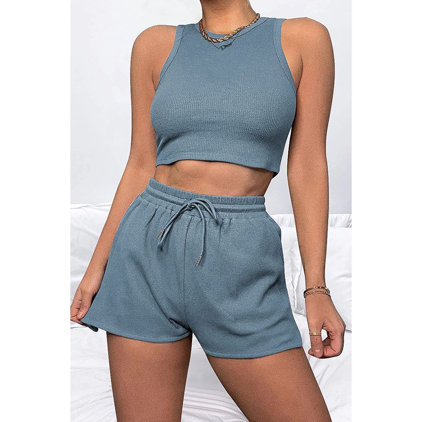 Round Neck Top and Drawstring Shorts Set