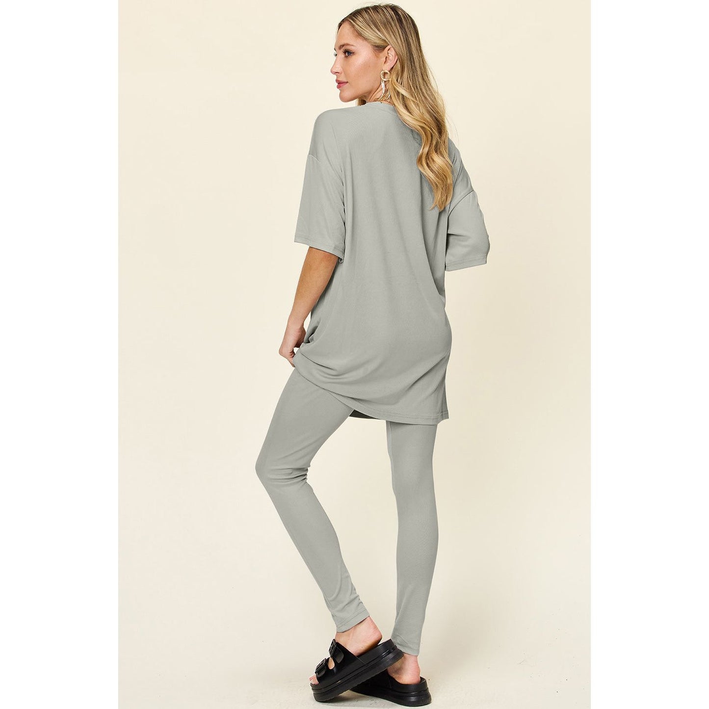 Double Take Full Size Round Neck Dropped Shoulder T-Shirt and Leggings Set