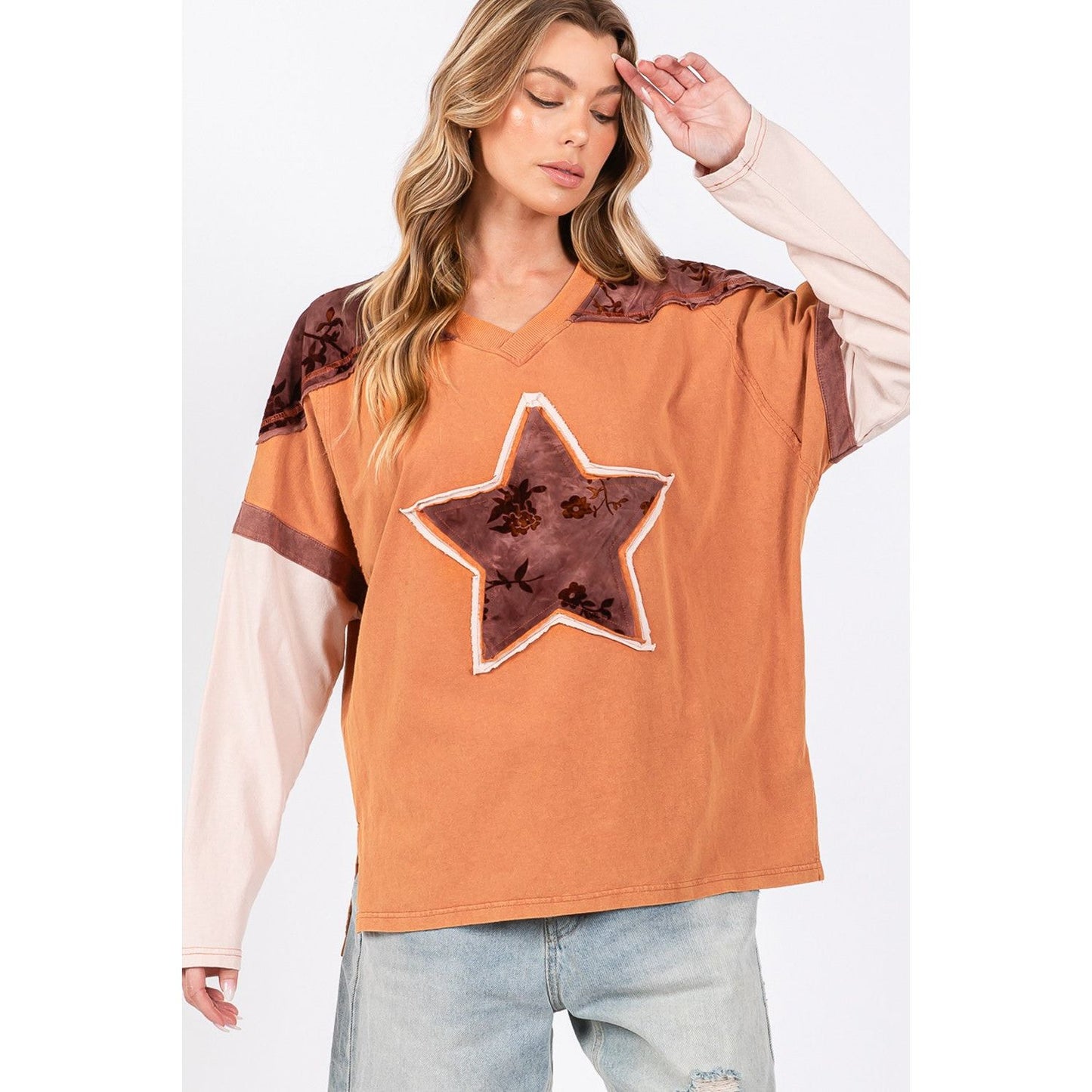 SAGE + FIG Star Patch Long Sleeve Color Block T-Shirt