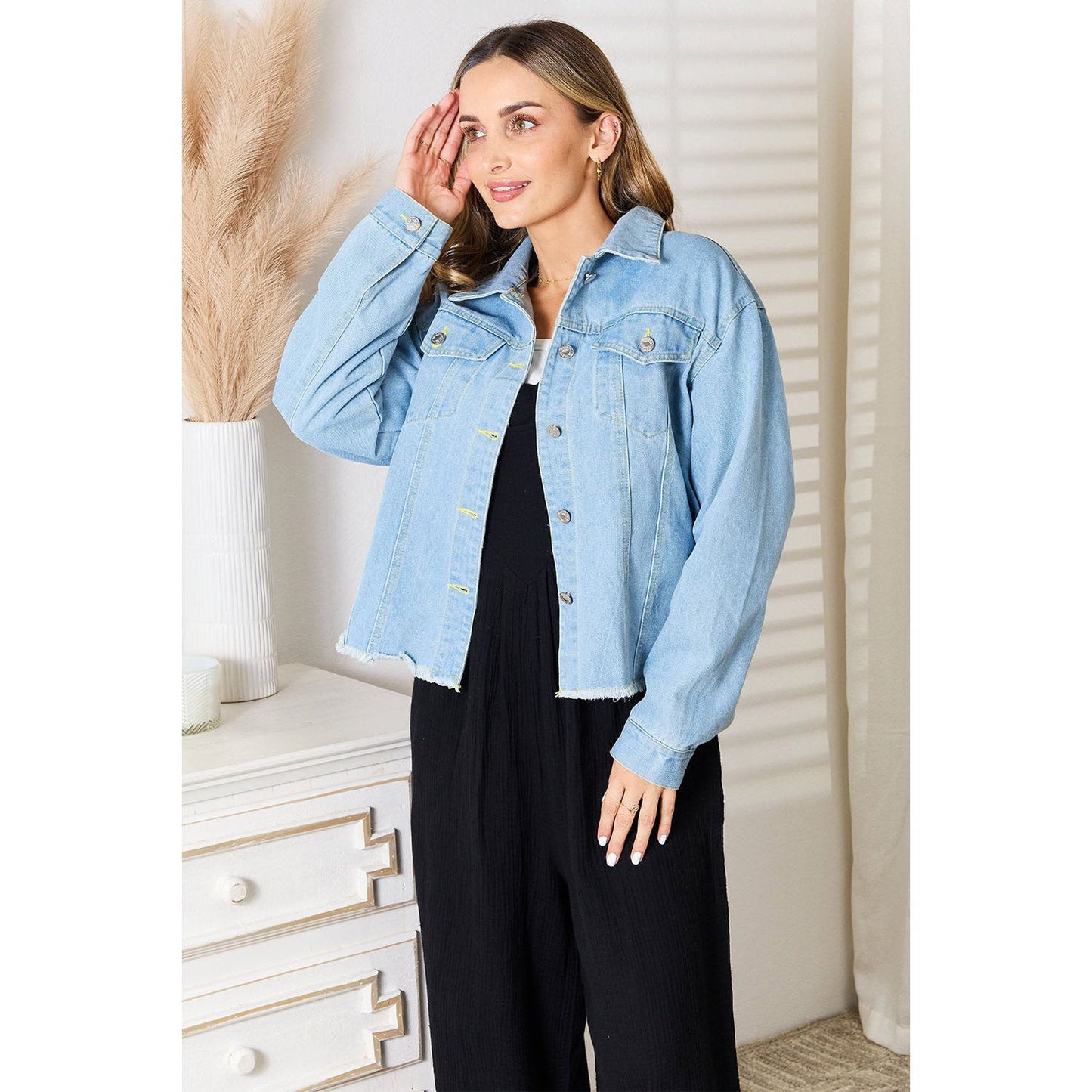 Double Take Dropped Shoulder Raw Hem Denim Jacket