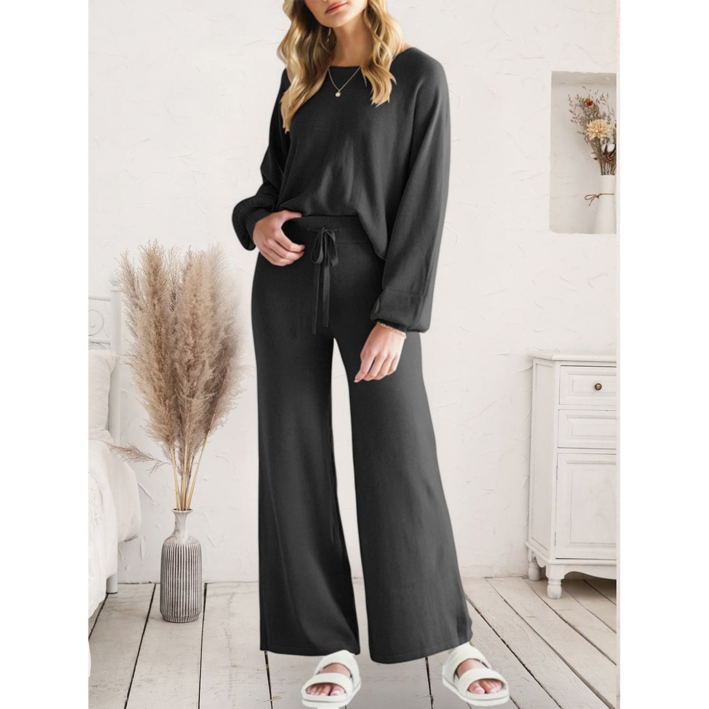 Long Sleeve Lounge Top and Drawstring Pants Set