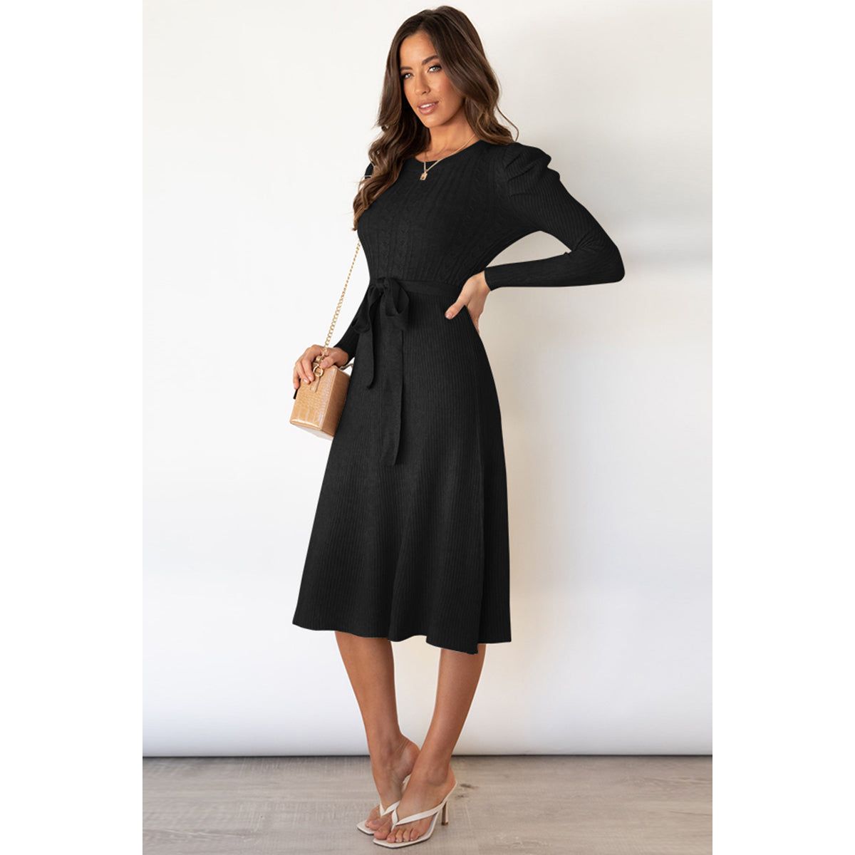 Round Neck Long Sleeve Tie Waist Sweater Dress