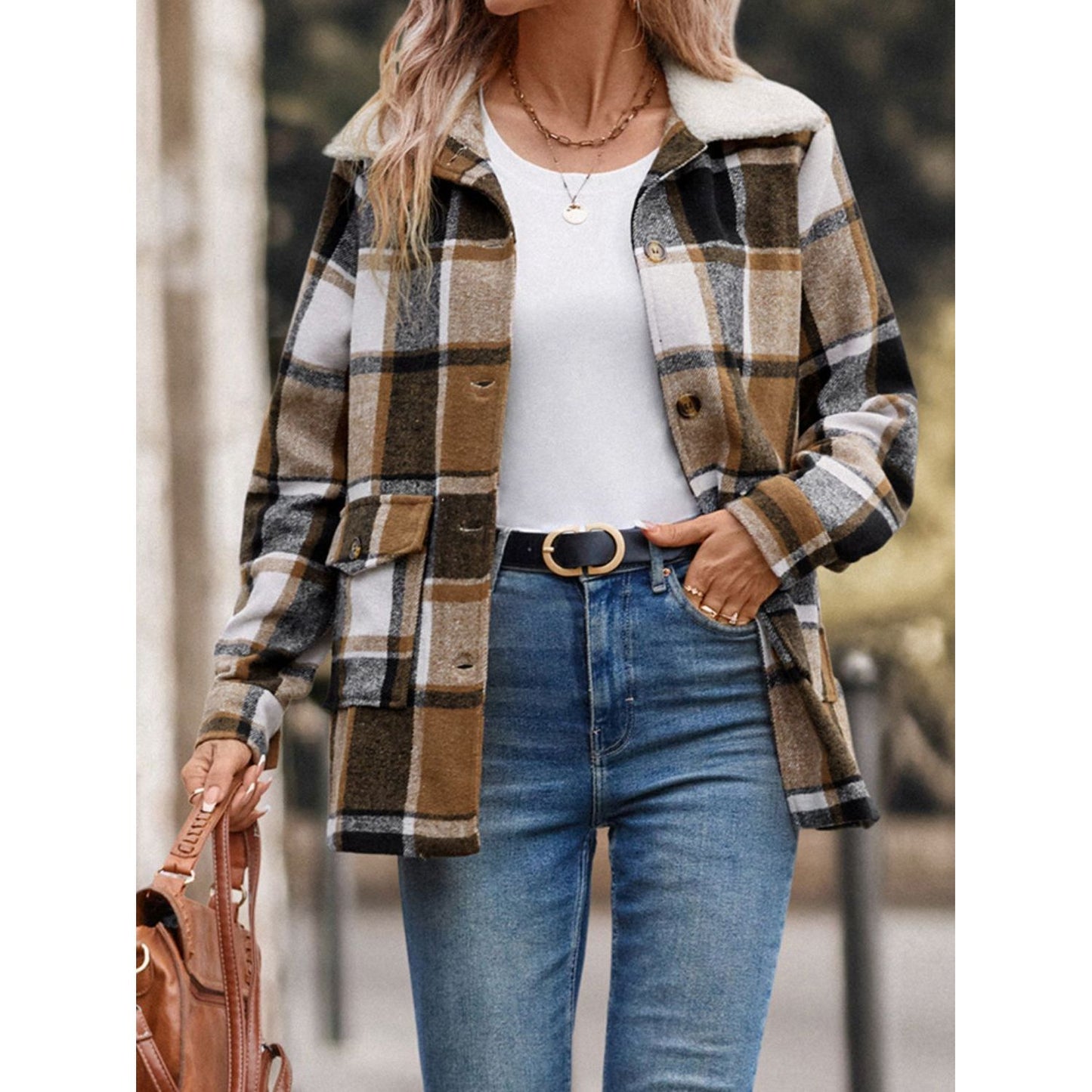 Perfee Pocketed Plaid Button Up Collared Neck Jacket