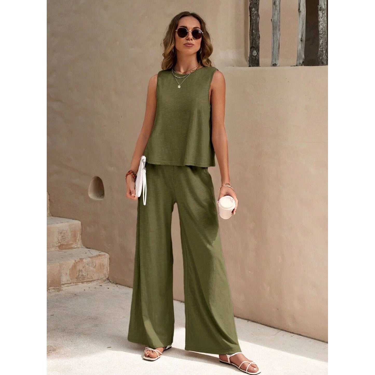 Round Neck Sleeveless Top and Wide Leg Pants Set