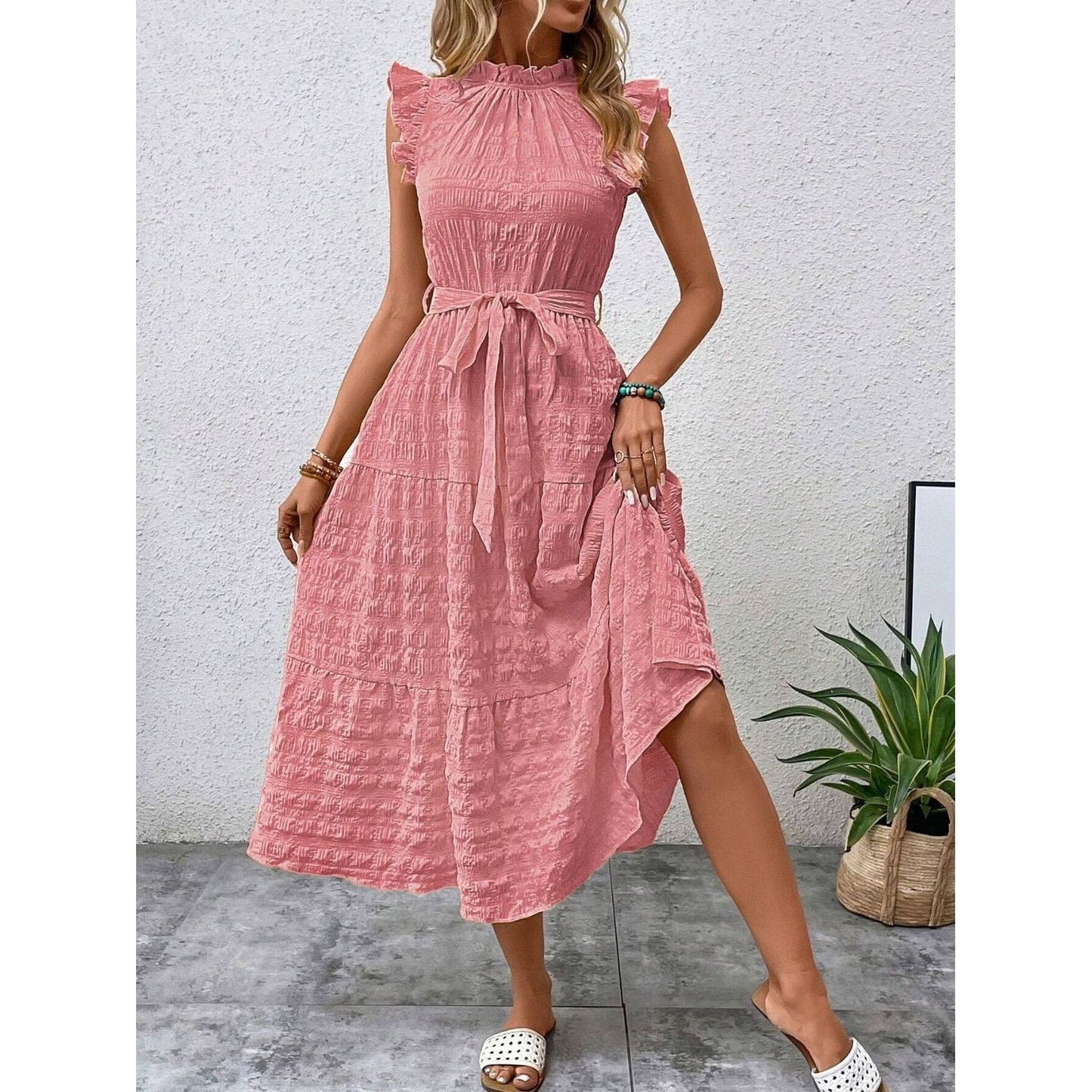 Tied Ruffled Cap Sleeve Midi Dress