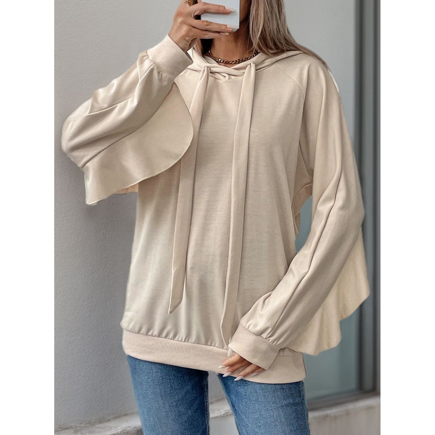 Perfee Drawstring Ruffled Long Sleeve Hoodie