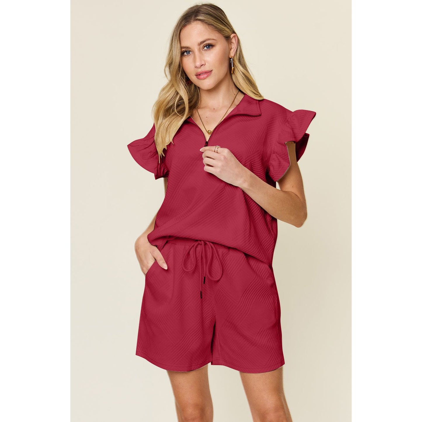 Double Take Full Size Texture Flounce Sleeve Top and Drawstring Shorts Set