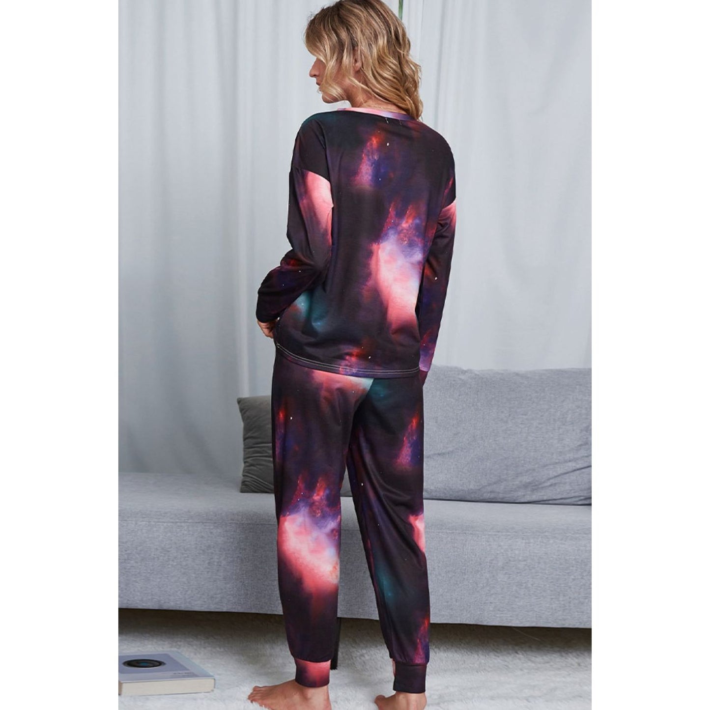 Shiny Tie-Dye Crewneck Top and Drawstring Waist Joggers Lounge Set