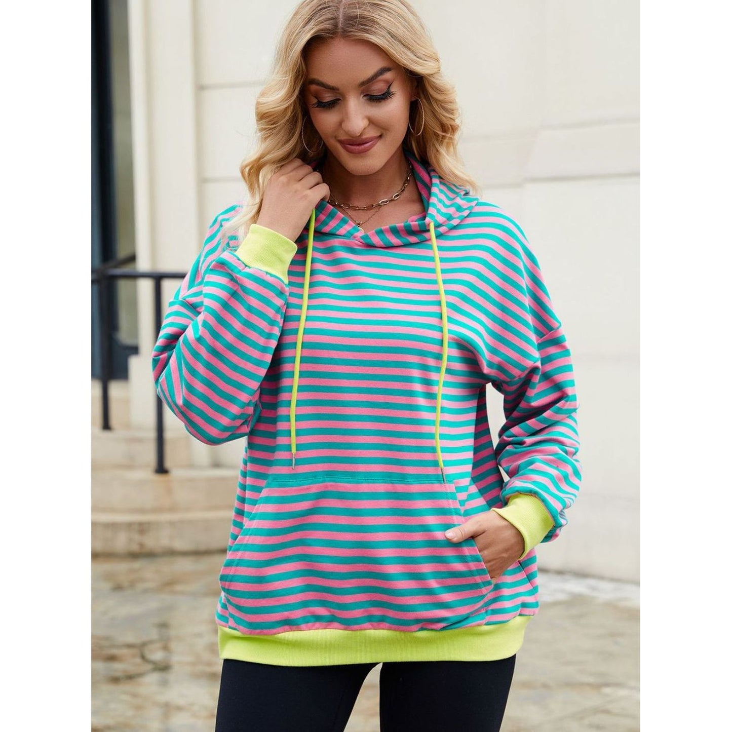 Drawstring Contrast Striped Long Sleeve Hoodie