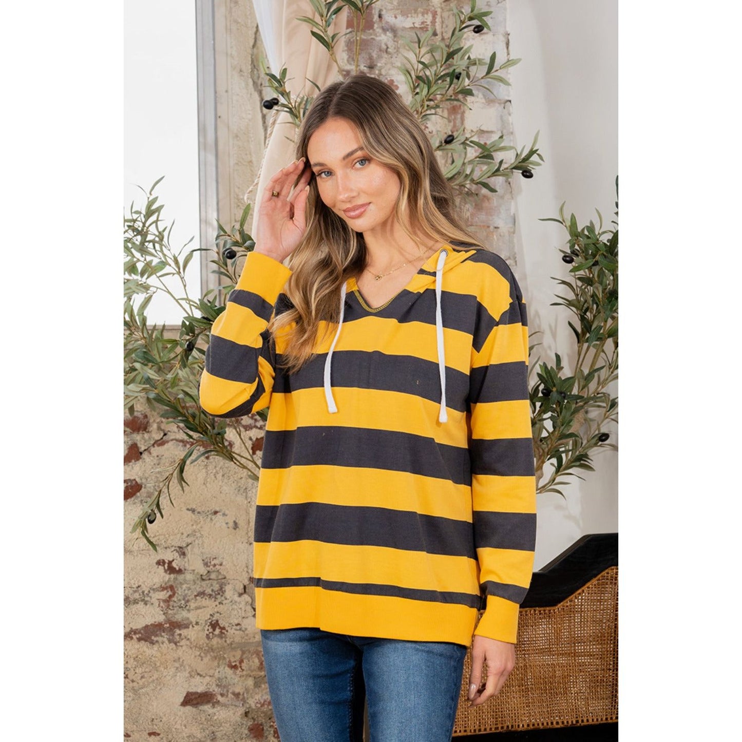 Full Size Drawstring Striped Long Sleeve Hoodie