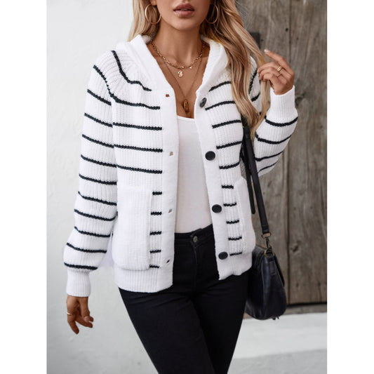 Striped Button Up Long Sleeve Hooded Cardigan