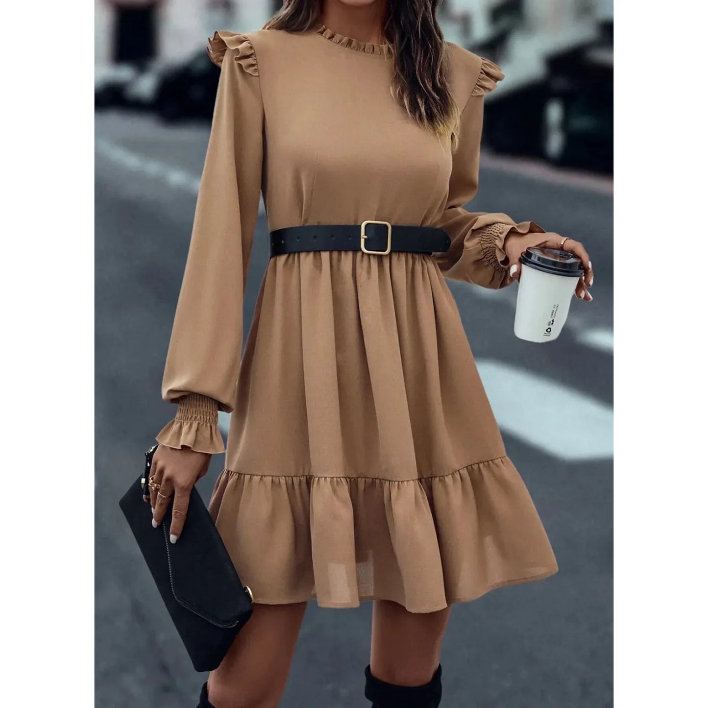 Frill Round Neck Flounce Sleeve Mini Dress